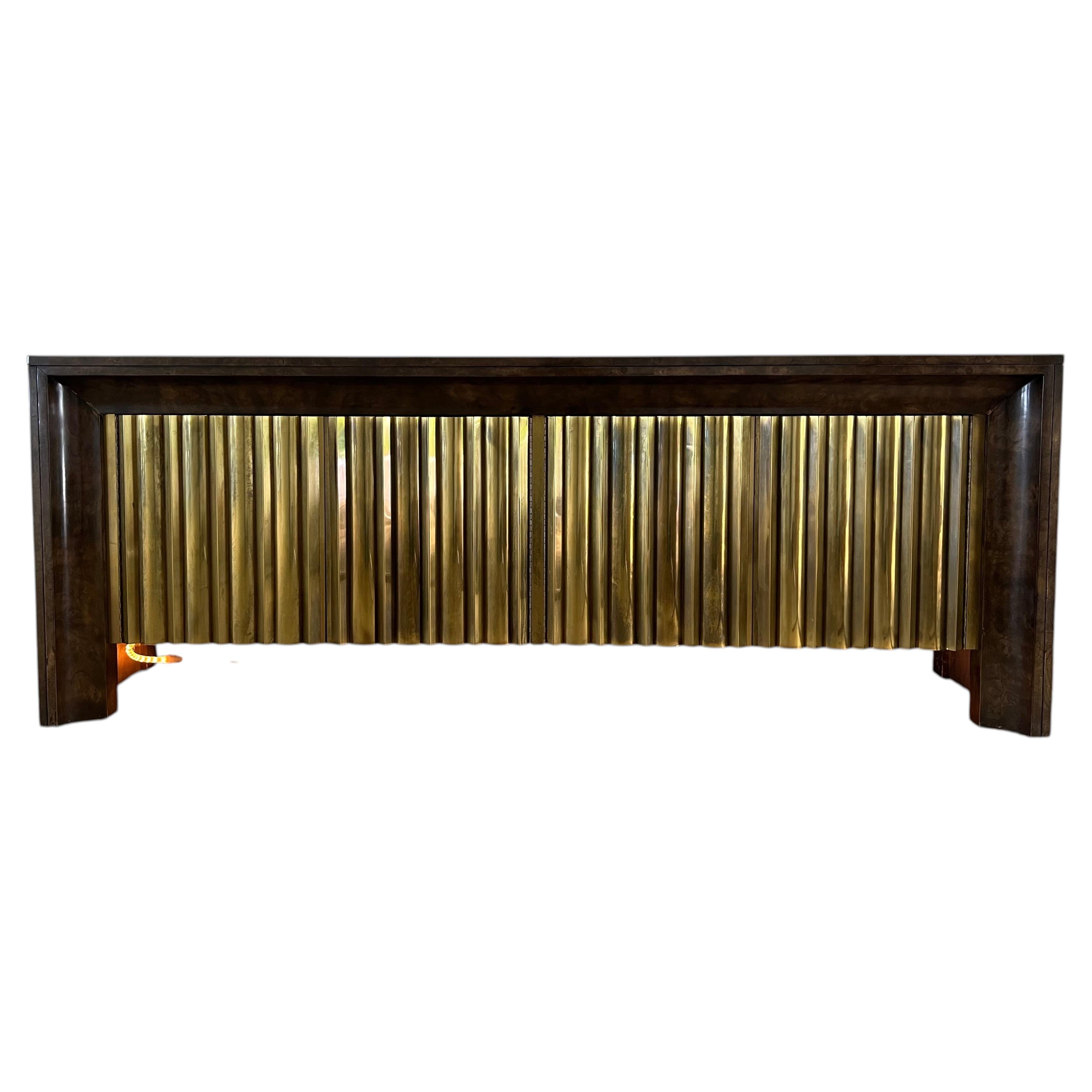 Stunning Mastercraft Credenza with Sculptural Brass Doors & Burl, 1970s