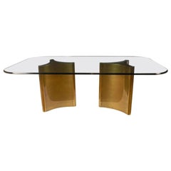 Superbe table à manger Mastercraft à double piédestal "Trilobi" en laiton et verre