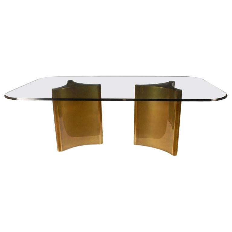 Stunning Mastercraft Double "Trilobi" Pedestal Brass and Glass Dining Table