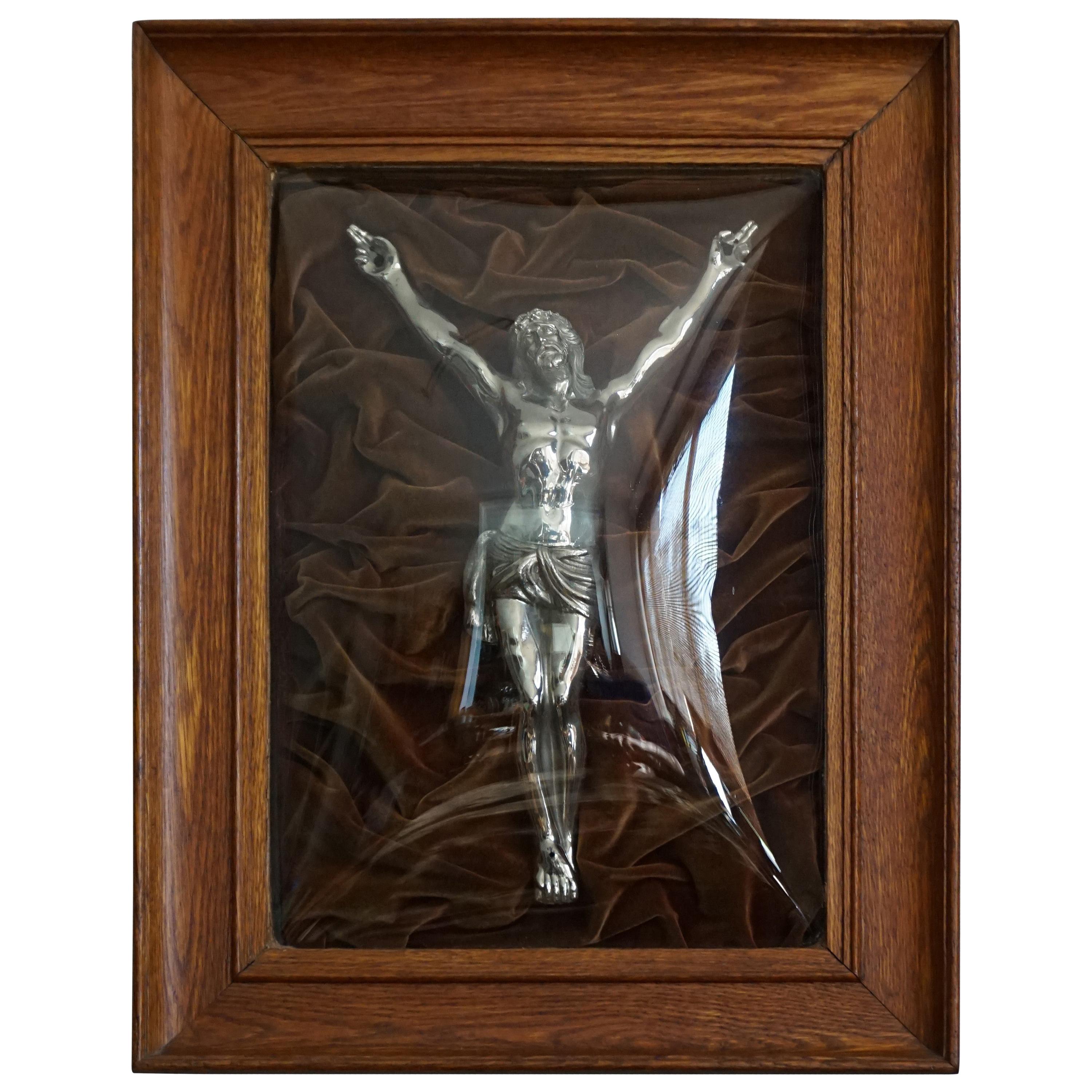 Stunning Mercury Silver Color Antique Metal Corpus of Christ Behind a Glass Dome For Sale
