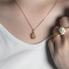 Stunning Mexican Fire Opal & Diamond Pendant Necklace 14K Yellow Gold