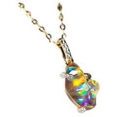 Stunning Mexican Fire Opal & Diamond Pendant Necklace 14K Yellow Gold