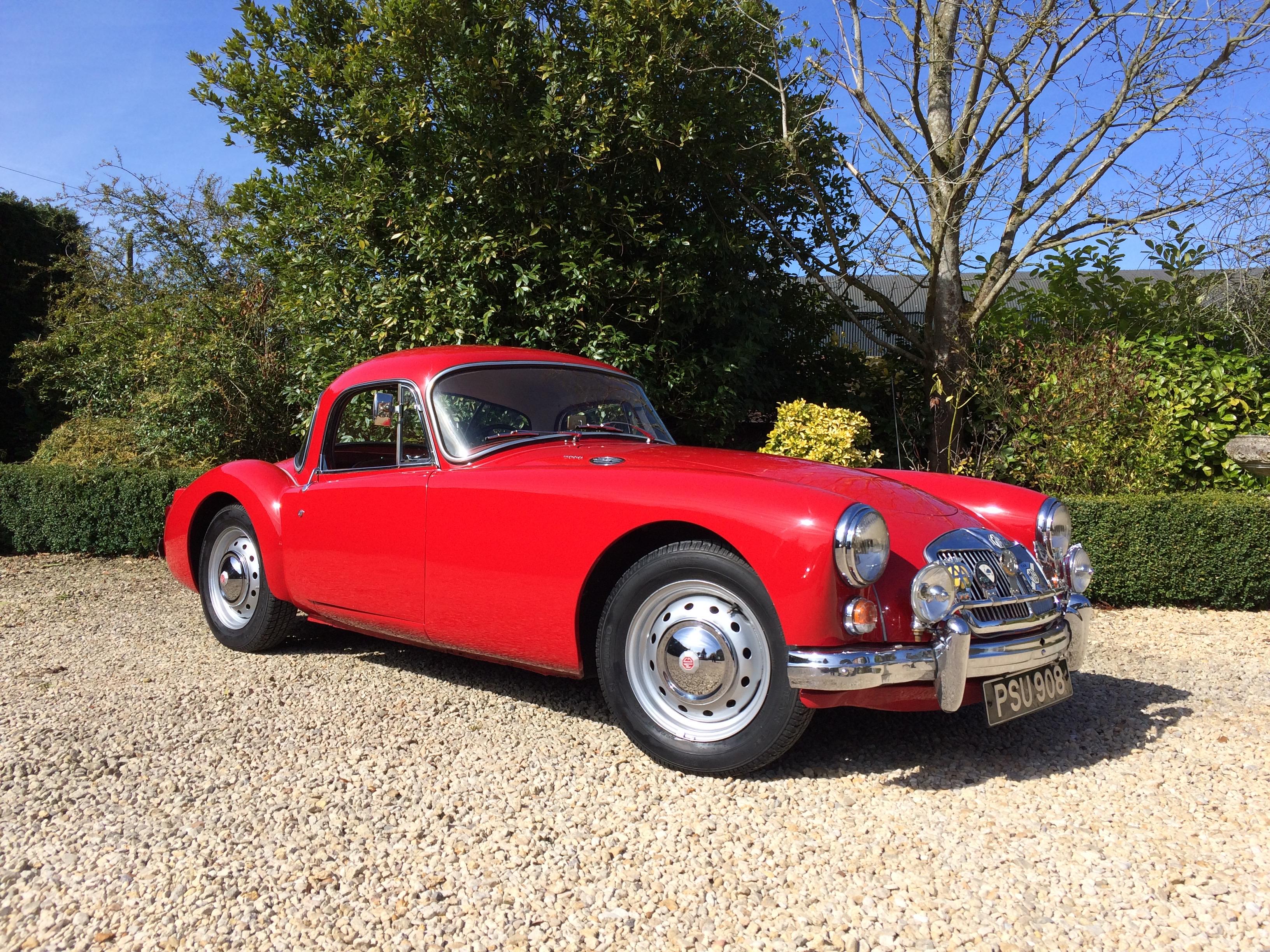 MGA Coupe 1961, original RHD car manufactured 1961 and repatriated 1989, original number plate PSU 908 mileage reads 73893, original chariot red paintwork with red leather interior, four previous owners, an absolute dream to drive, full 12 months