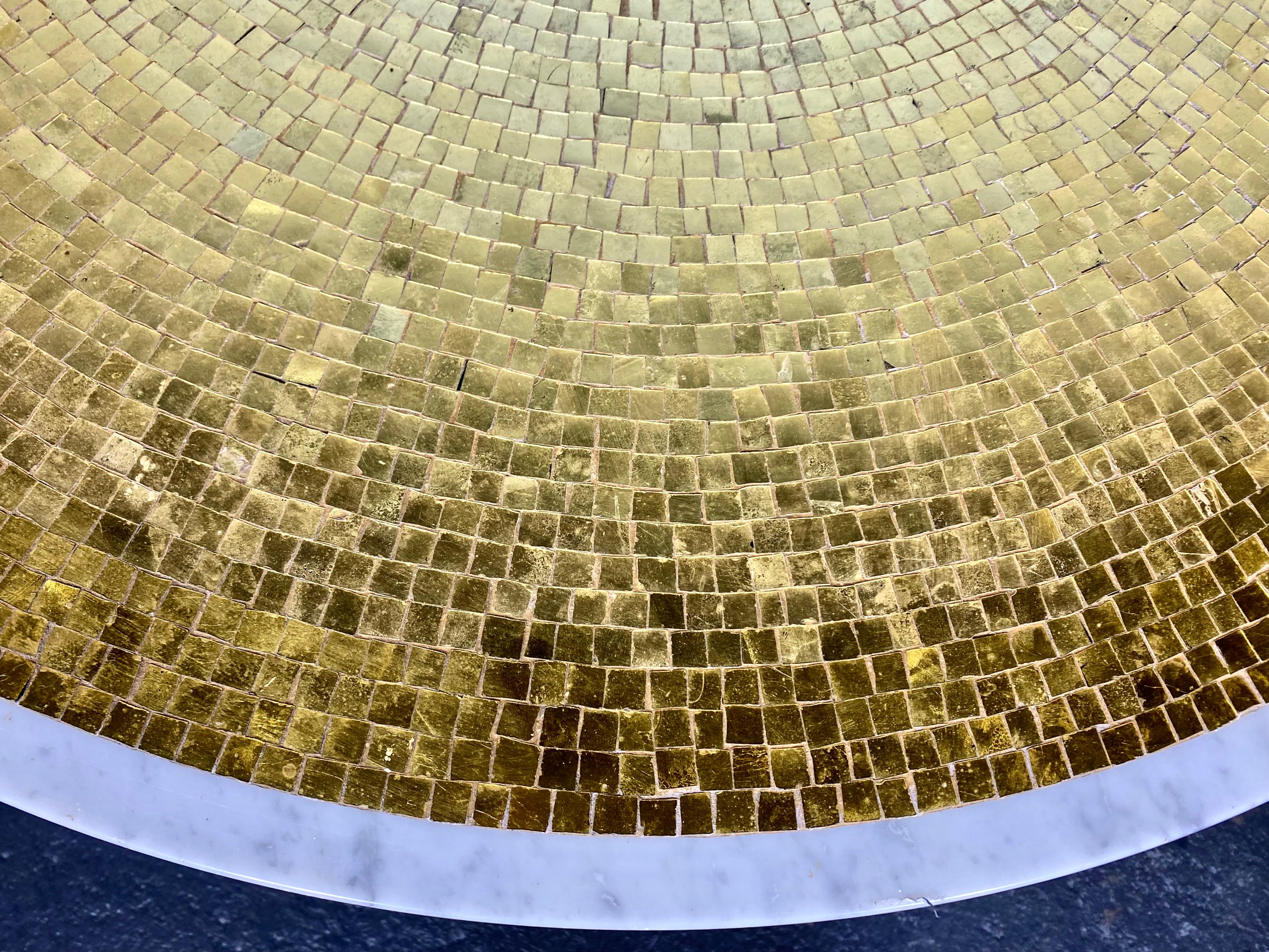 Stunning Micro Mosaic / Spalti Glass Tile and Marble Gold Guilt Iron Base Table / Made in Italy,, Superior quality. Hand delivery avail to New York City or anywhere en route from Buffalo NY