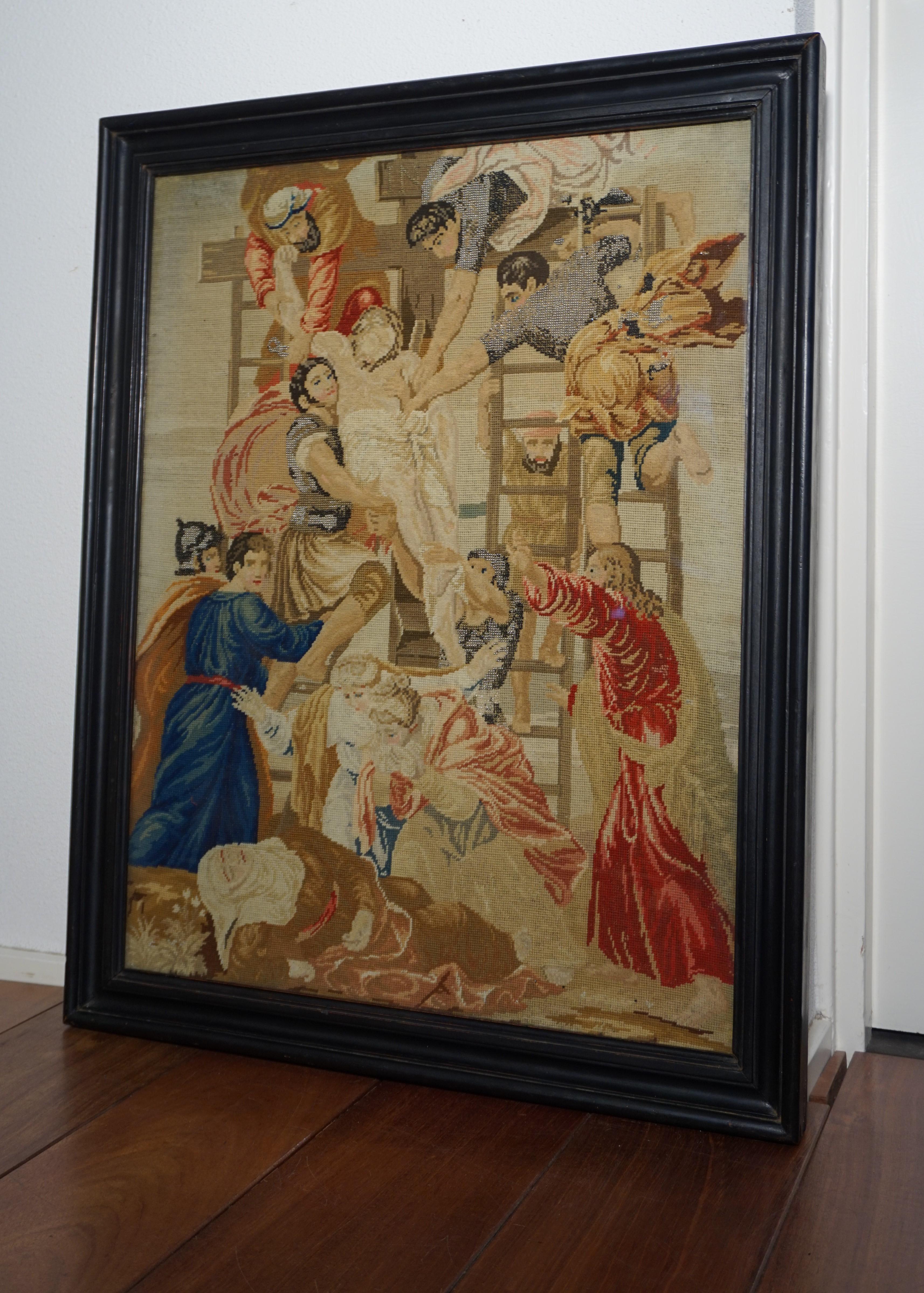 Stunning Mid-1800s Handcrafted Embroidery of Jesus' Descent from the Cross For Sale 3