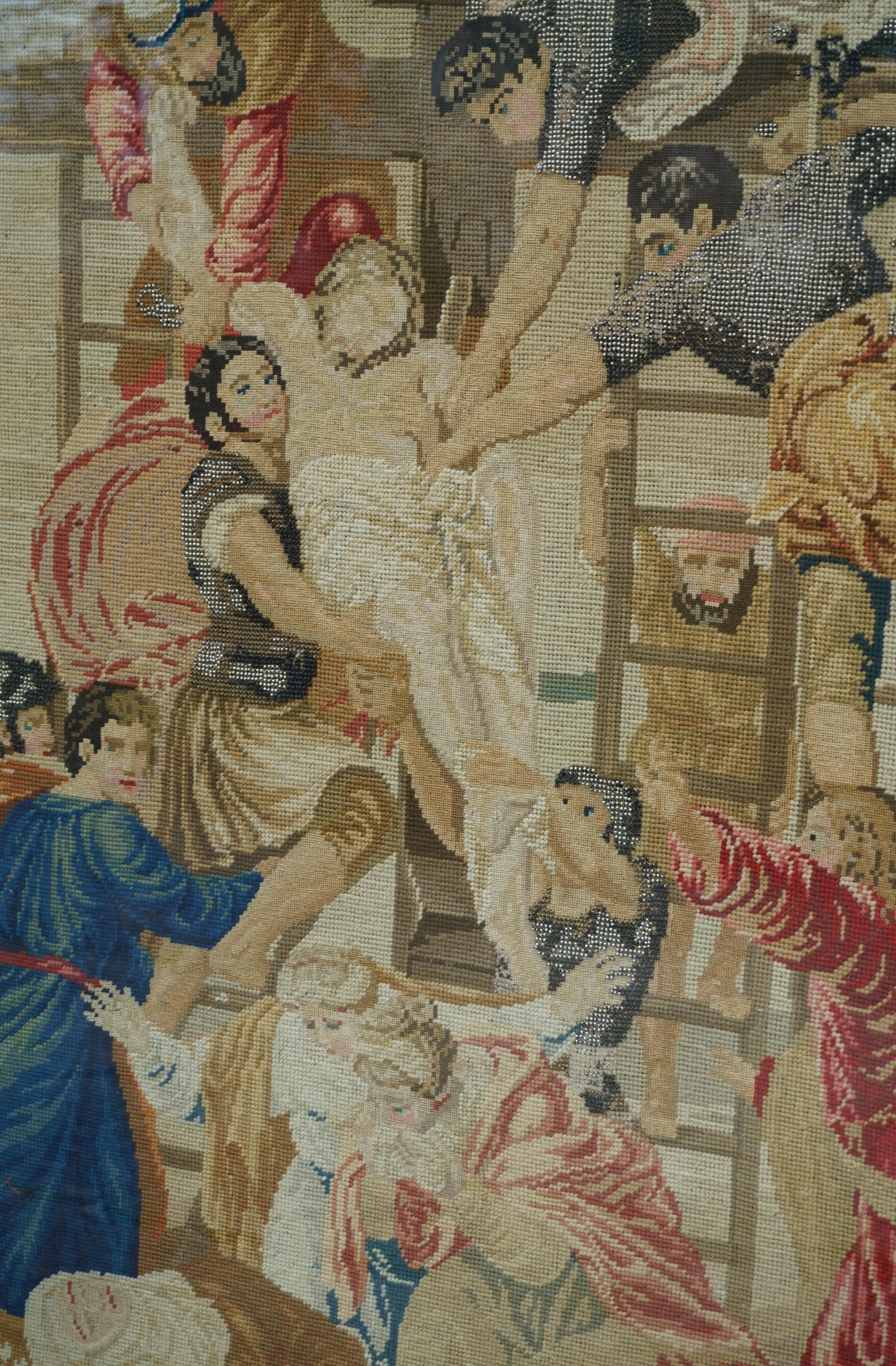 Stunning Mid-1800s Handcrafted Embroidery of Jesus' Descent from the Cross For Sale 7