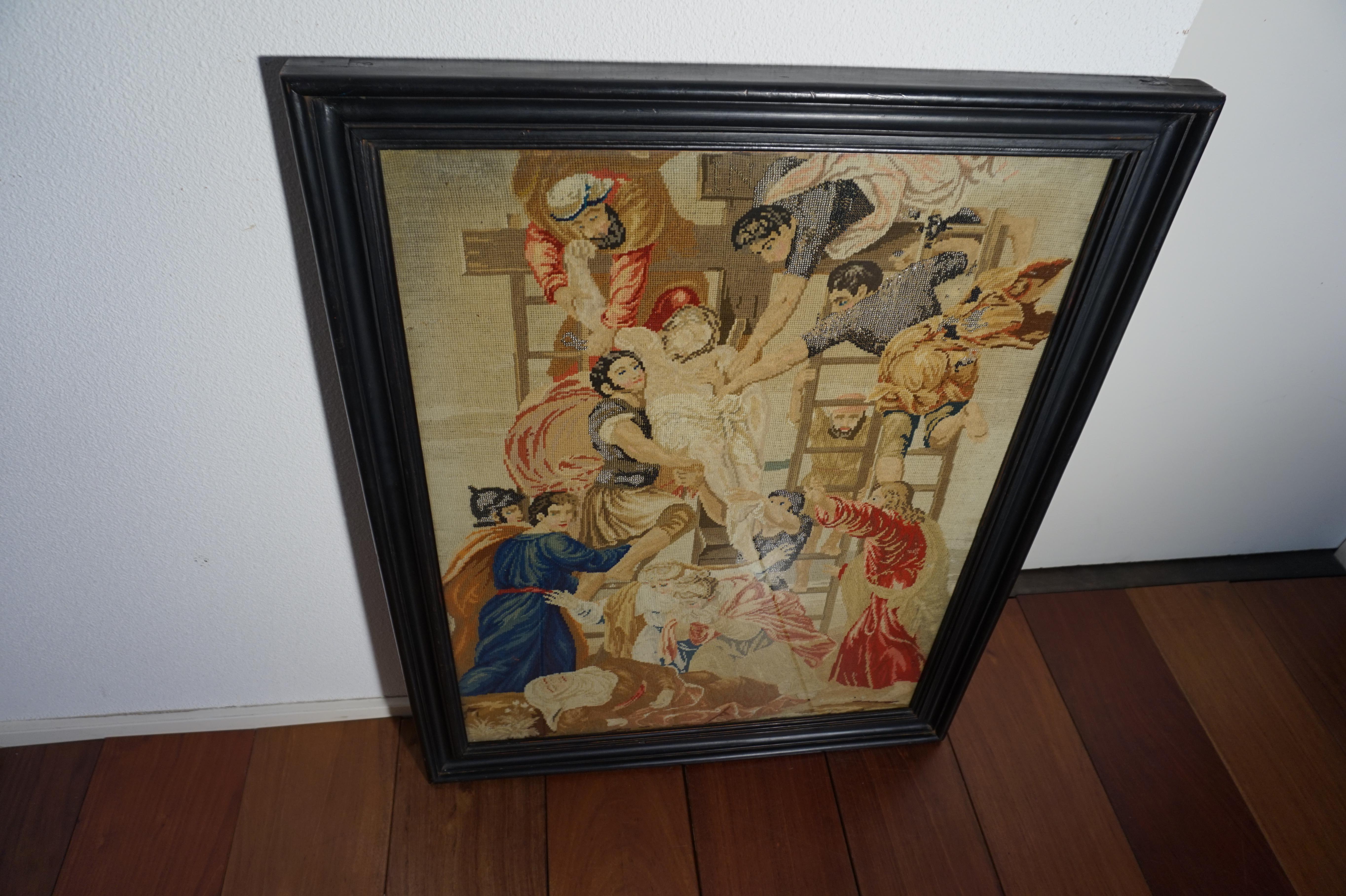 Renaissance Revival Stunning Mid-1800s Handcrafted Embroidery of Jesus' Descent from the Cross For Sale