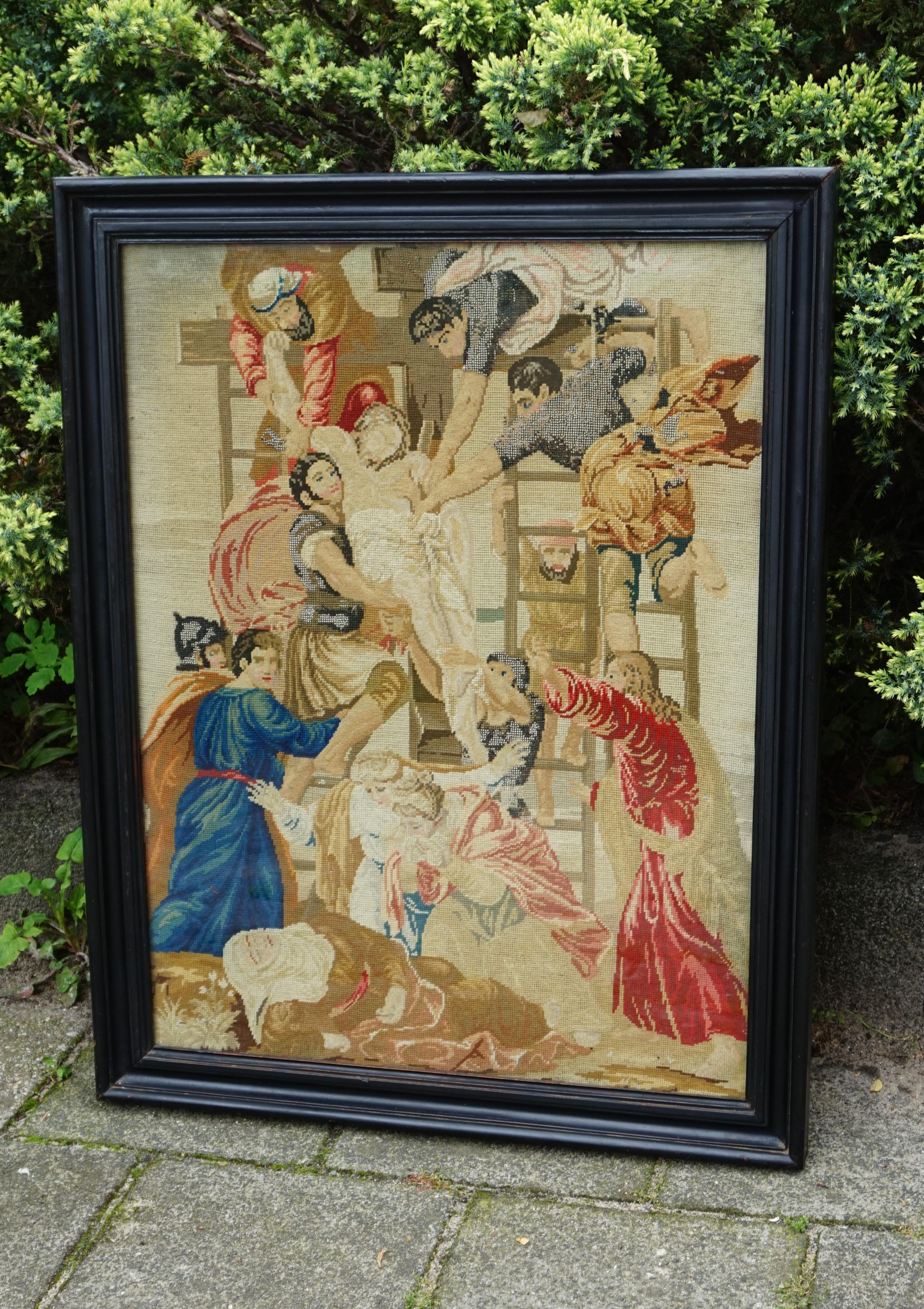 European Stunning Mid-1800s Handcrafted Embroidery of Jesus' Descent from the Cross For Sale