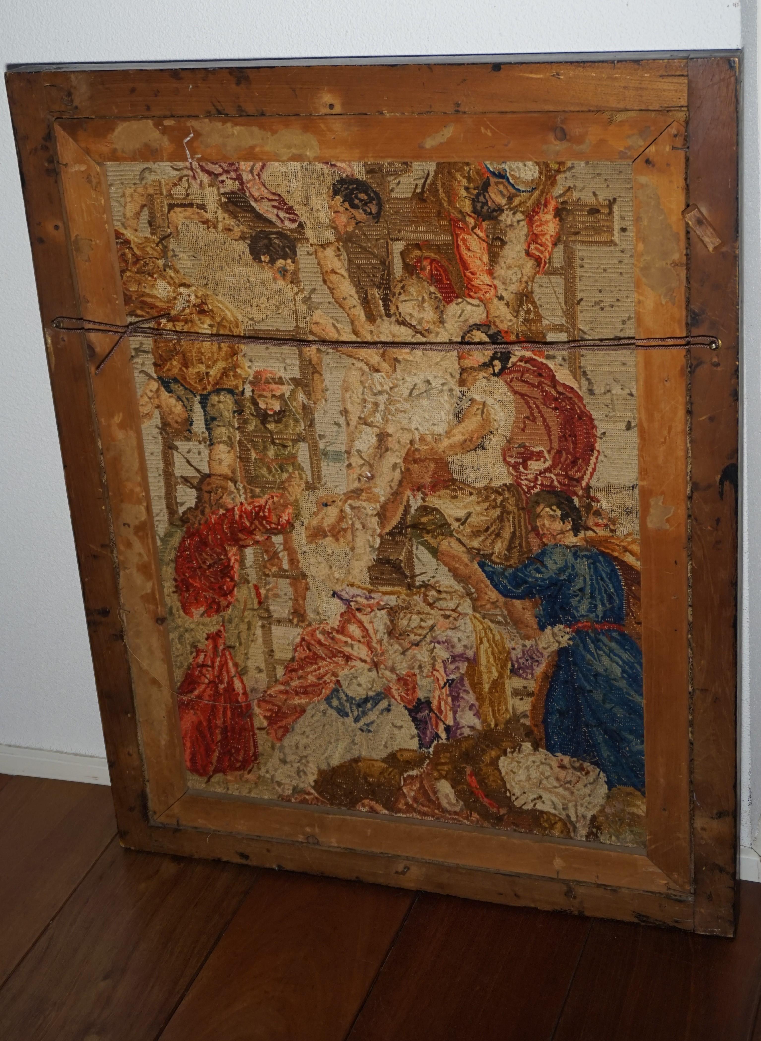 Ebonized Stunning Mid-1800s Handcrafted Embroidery of Jesus' Descent from the Cross For Sale