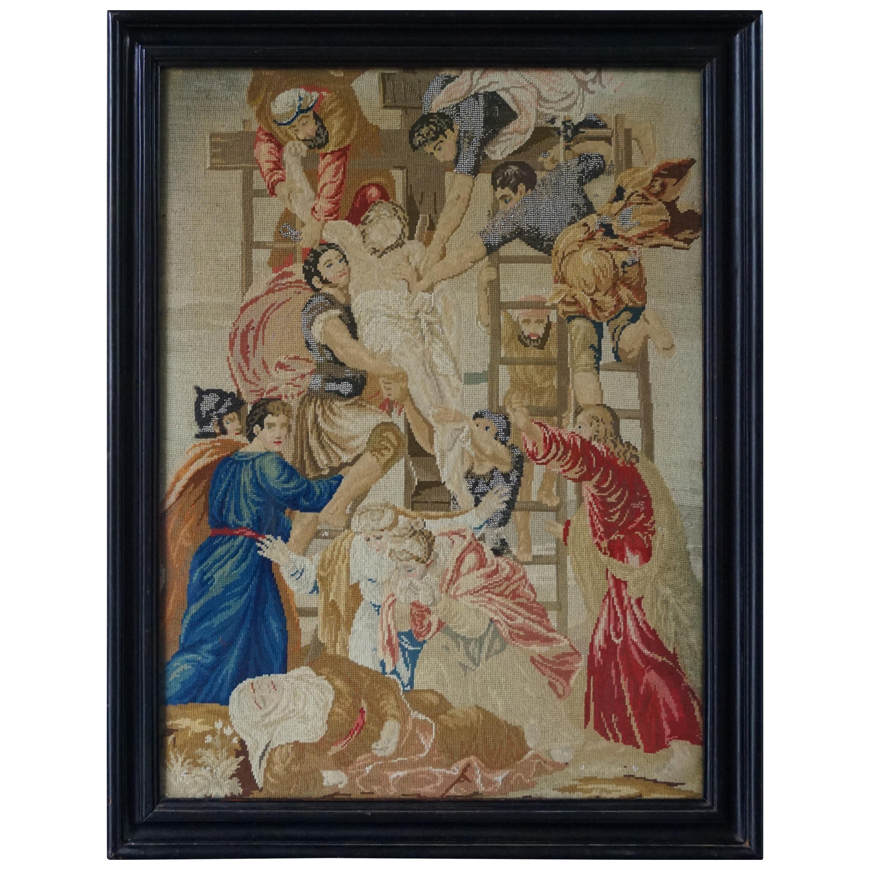 Atemberaubende handgefertigte Stickerei des Kreuzescent Jesus aus der Mitte der 1800er Jahre