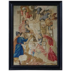 broderie du milieu des années 1800 représentant Jésus descendant de la croix dans un cadre en bois noirci