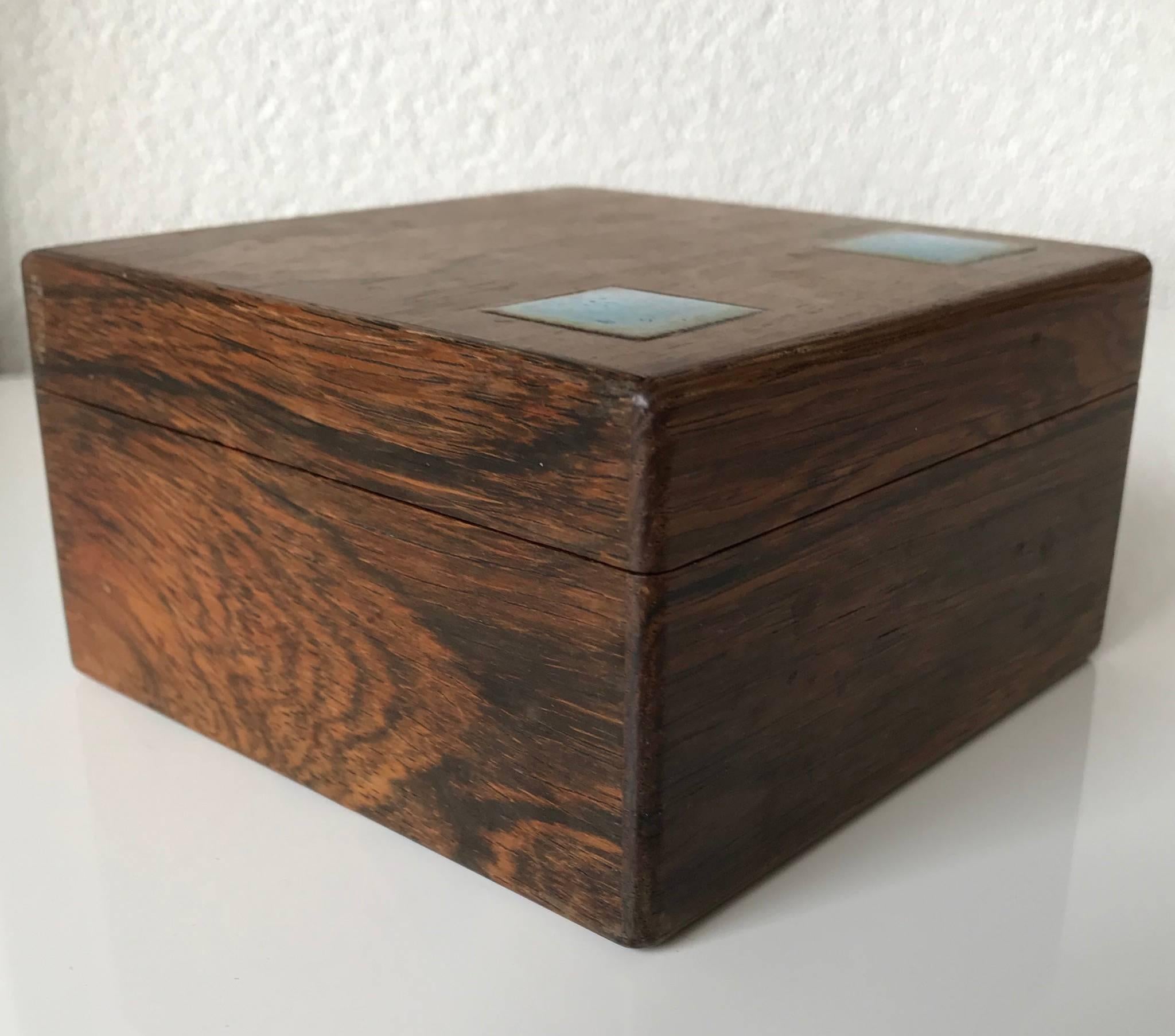 Scandinavian Modern Stunning Midcentury Alfred Klitgaard Wooden Box W. Enamel Inserts by Bodil Eje