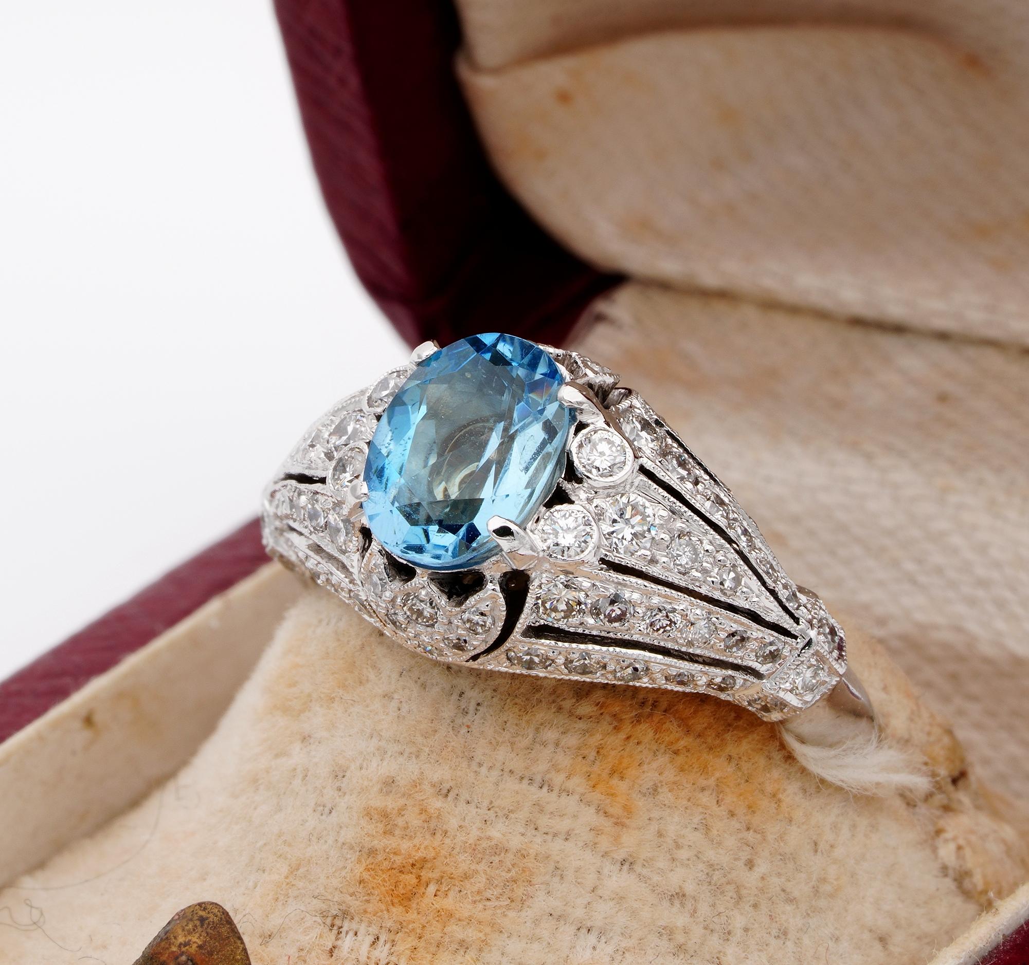 Oval Cut Stunning Midcentury Aquamarine and Diamond 18 Karat Rare Ring For Sale