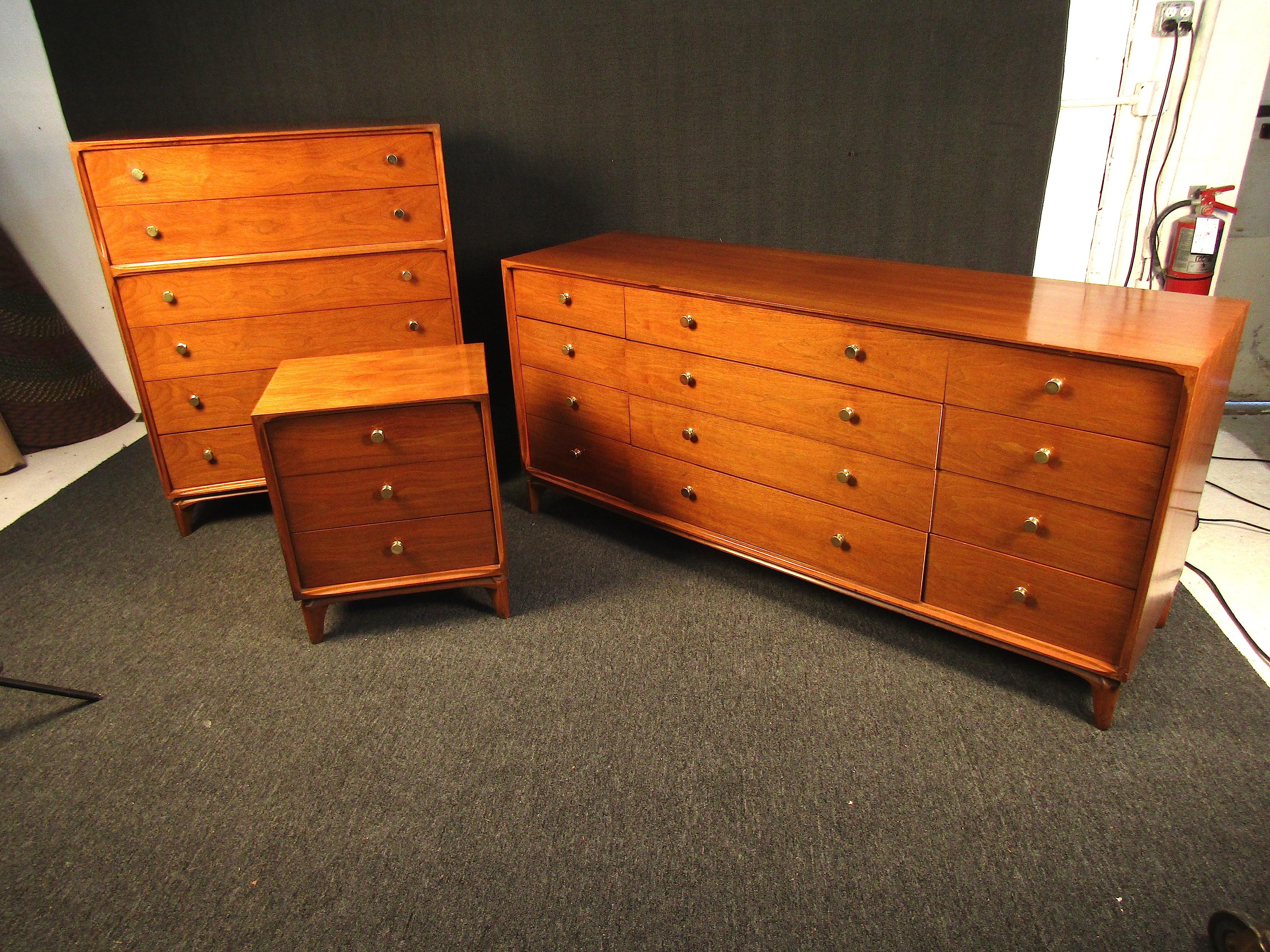 This beautiful bedroom set features deep grain teak wood and a simplistic design that will fit perfectly with any home. With warm accents and plenty of drawer space, this classic bedroom set will be a cherished set for years to come. Please confirm