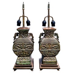 Stunning Mid-century Chinese Pair of Verdigris Bronze Lamps, James Mont Style