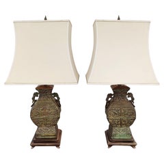 Stunning Mid-century Chinese Pair of Verdigris Bronze Lamps, James Mont Style