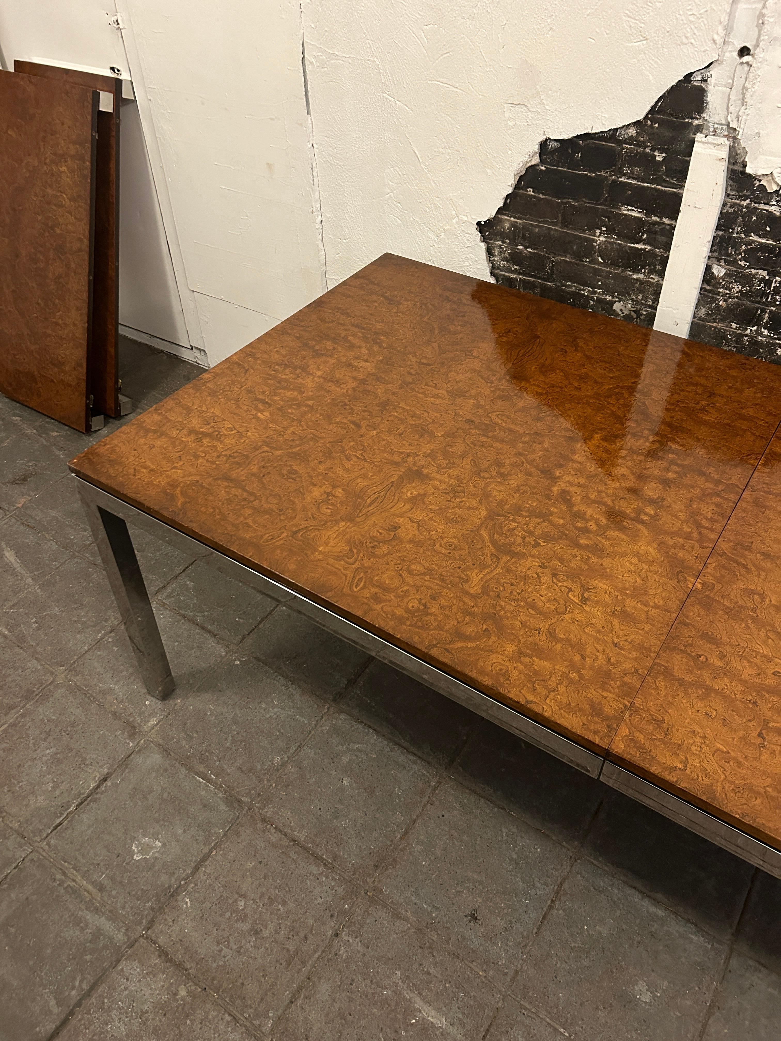 American Stunning mid century chrome dining table with burl top 2 leaves  For Sale