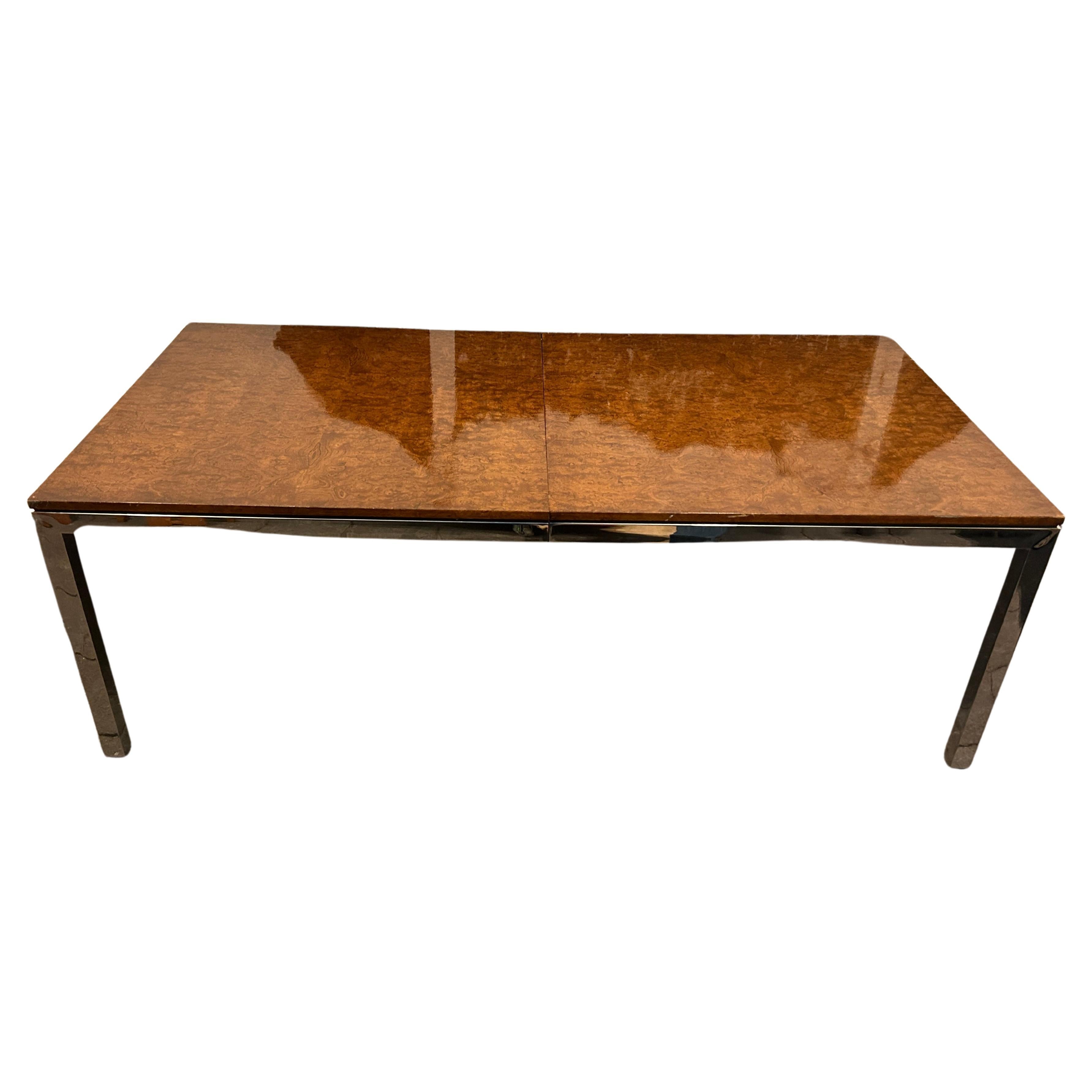 Stunning mid century chrome dining table with burl top 2 leaves  For Sale