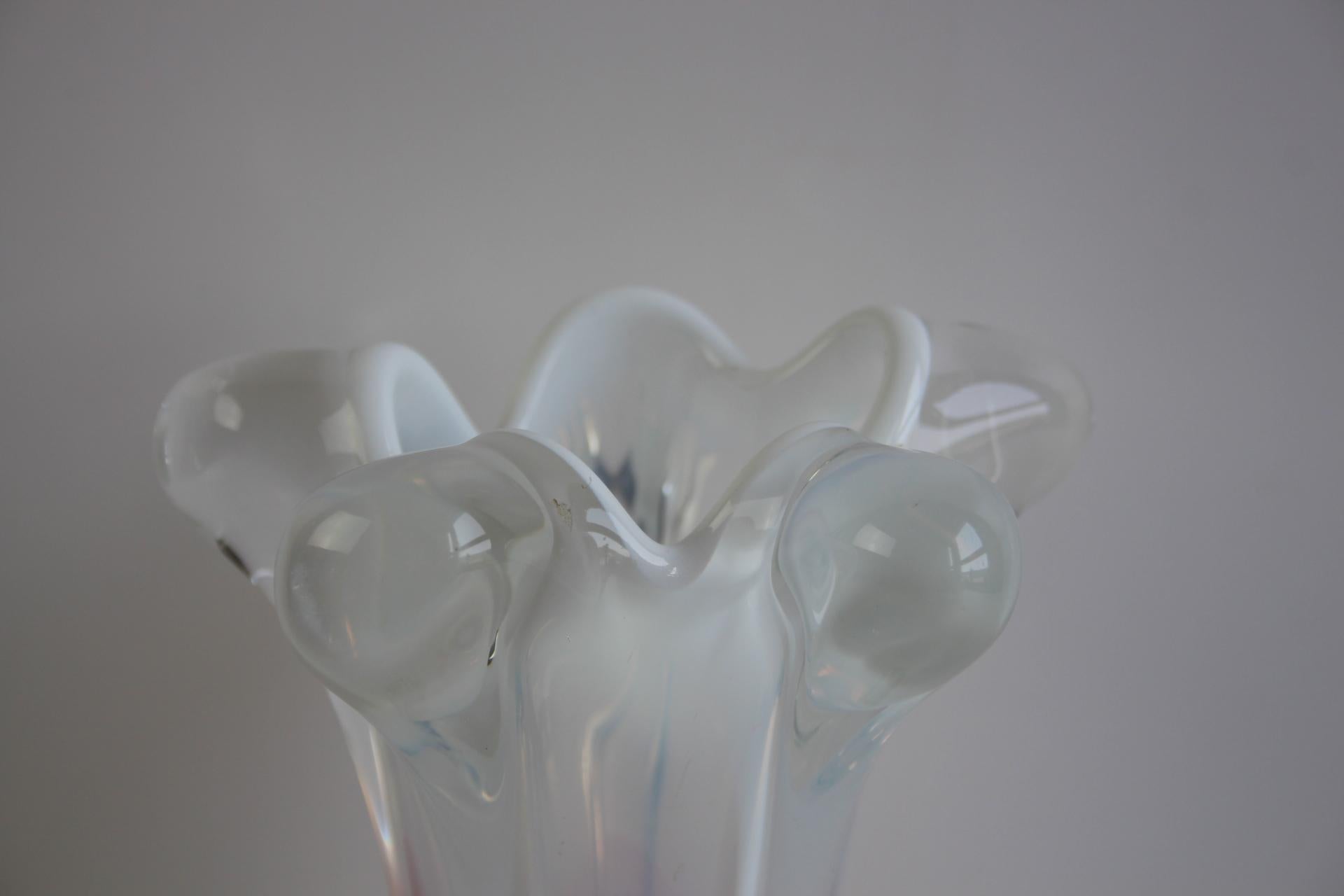 Mid-Century Modern Stunning Mid-Century Czech Art Glass Vase – Red, Pink, and Lime Green For Sale