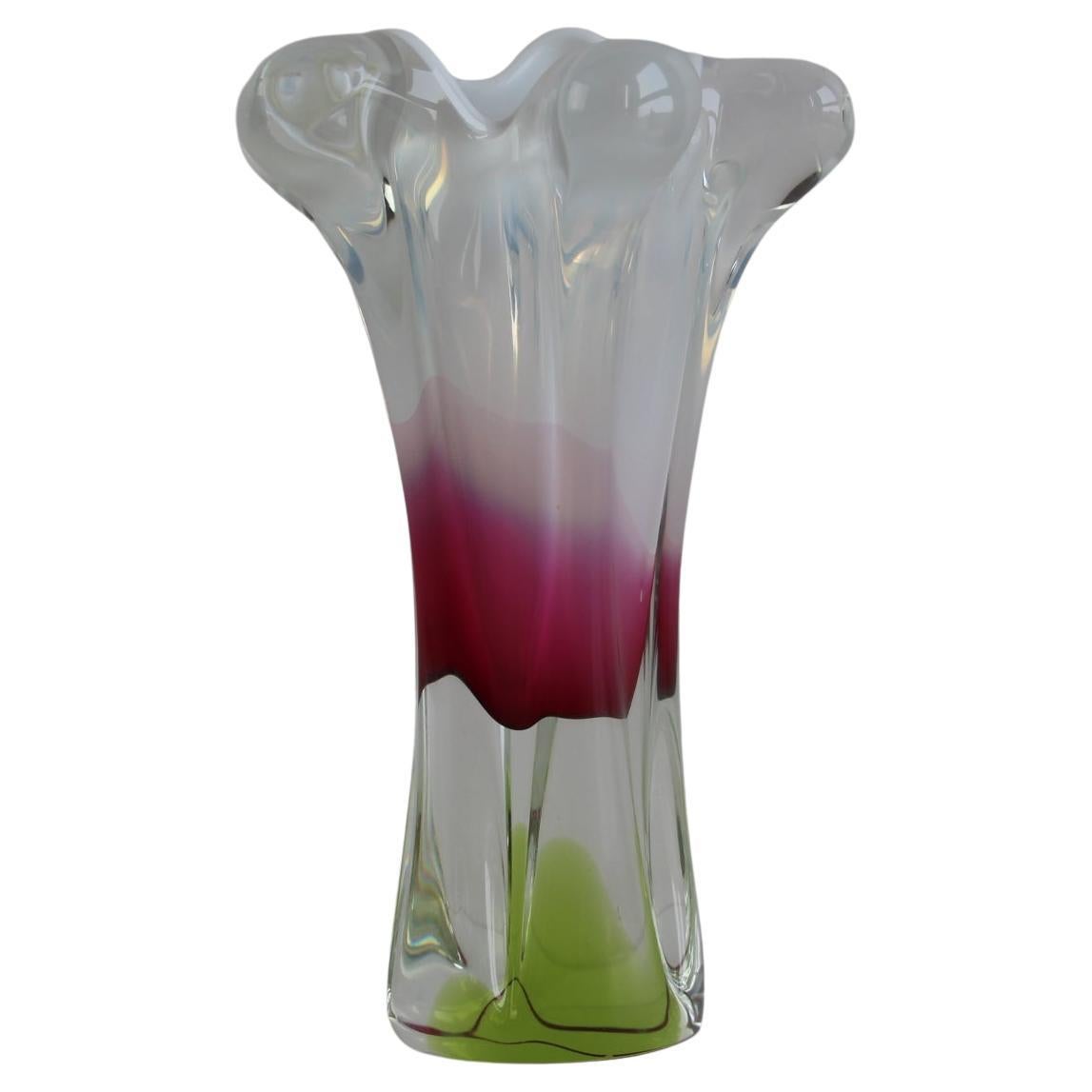 Stunning Mid-Century Czech Art Glass Vase – Red, Pink, and Lime Green For Sale