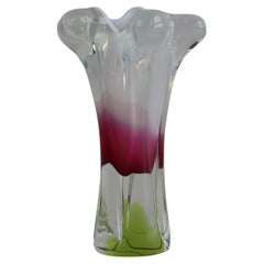 Stunning Mid-Century Czech Art Glass Vase – Red, Pink, and Lime Green