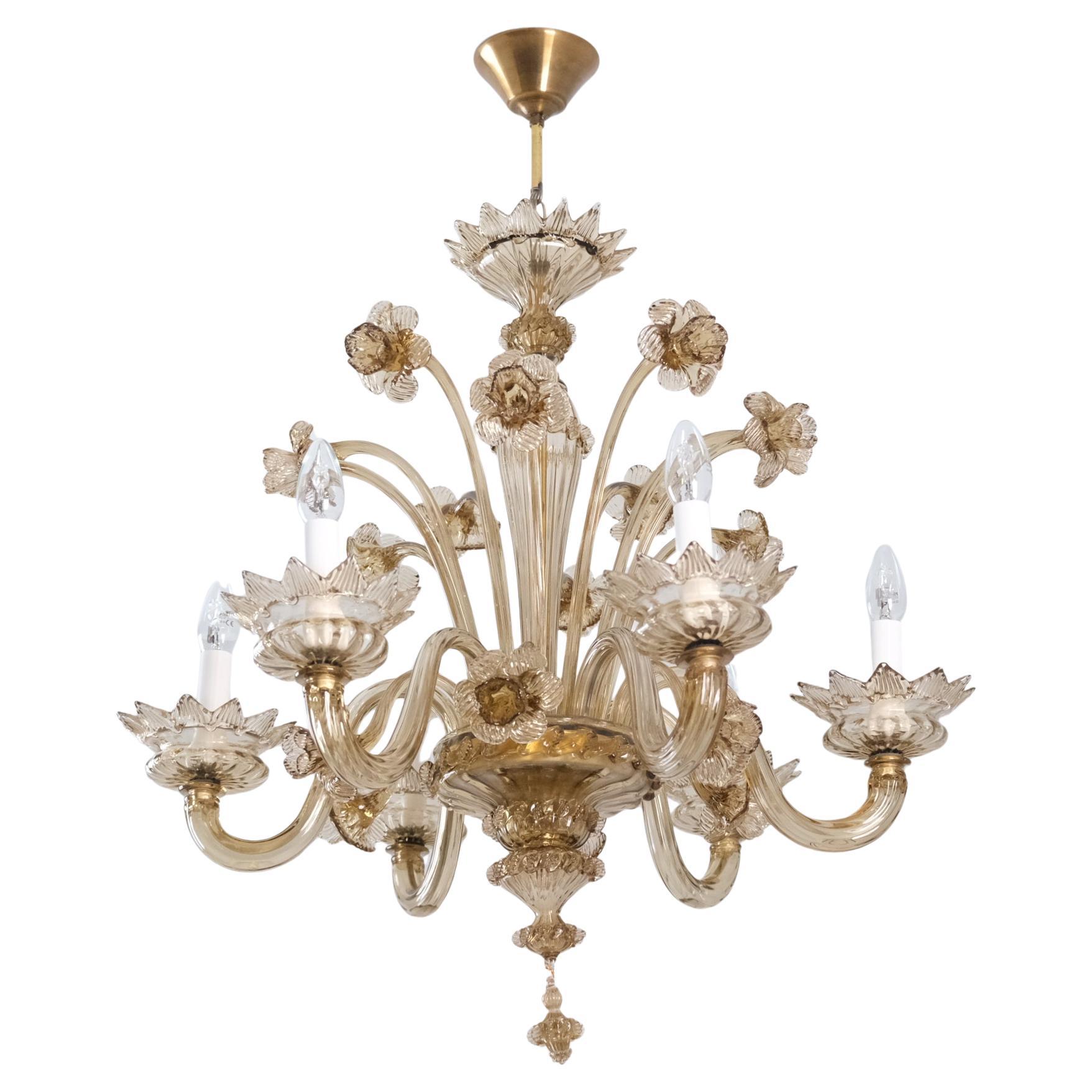 Stunning Mid-Century Fume Floral Six Arm Murano Glass Chandelier