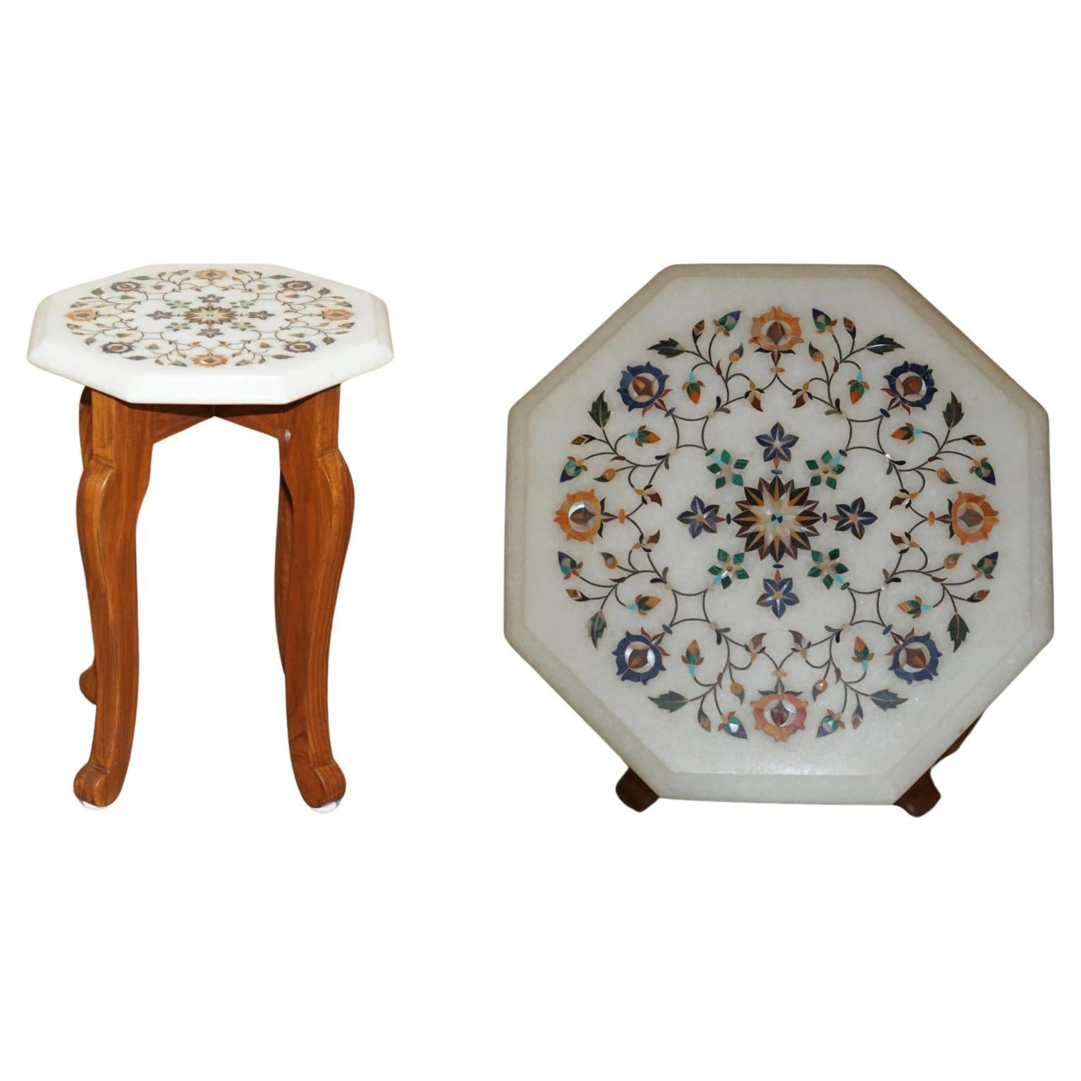 STUNNING MiD CENTURY INDIAN MARBLE PIETRA DURA INLAY SIDE TABLE WITH RECEIPT For Sale