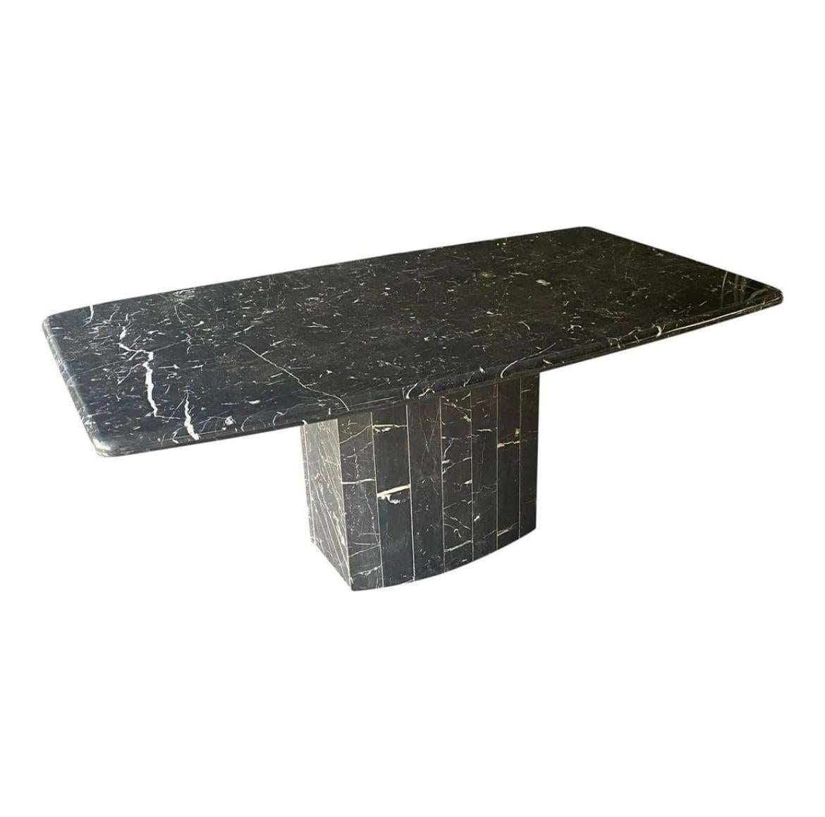 Polished Stunning Mid-Century Modern black white Marquina Marble Dining Table with Base For Sale