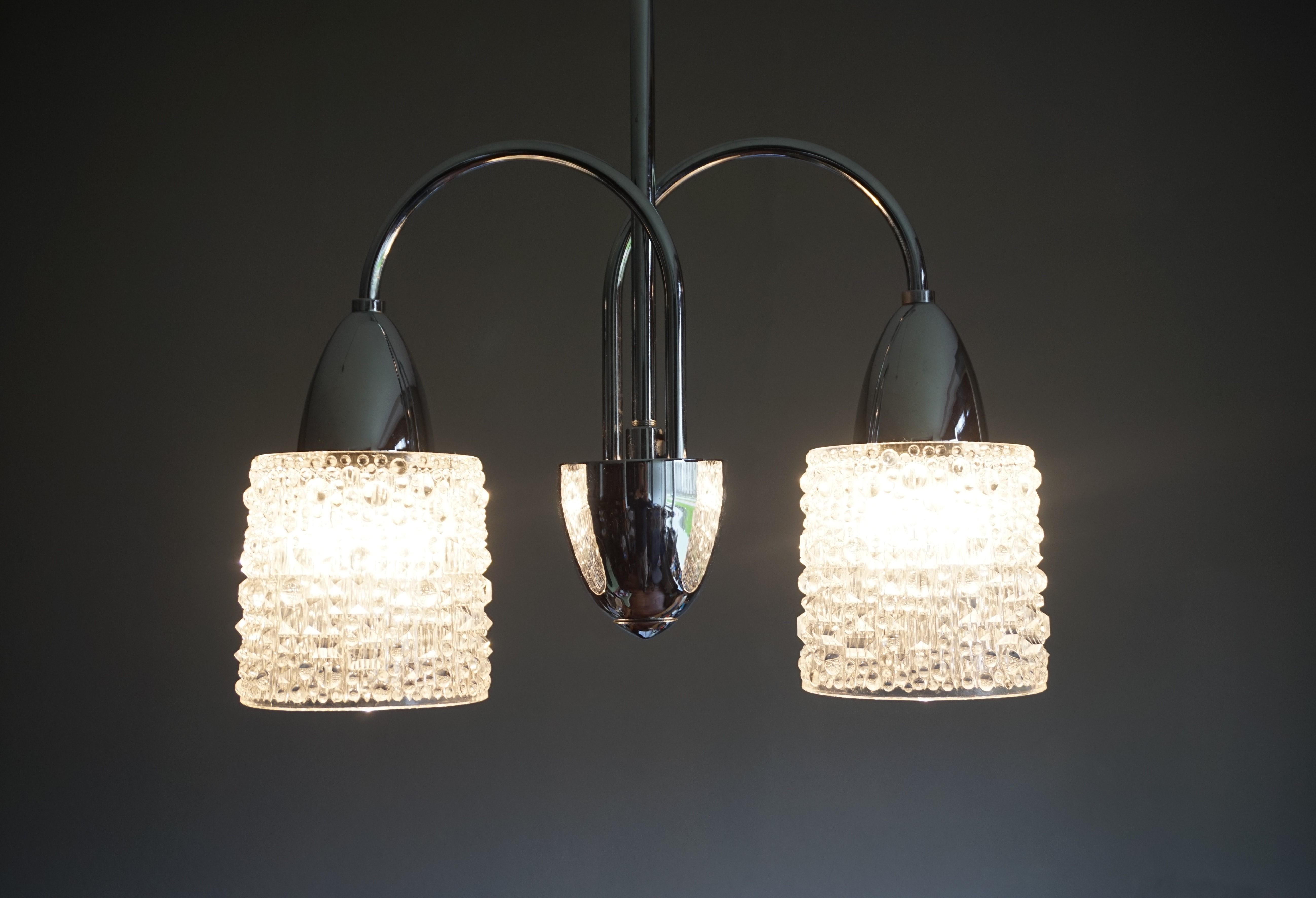 European Stunning Mid-Century Modern Chrome and Bohemian Glass Pendant Chandelier, 1960s For Sale