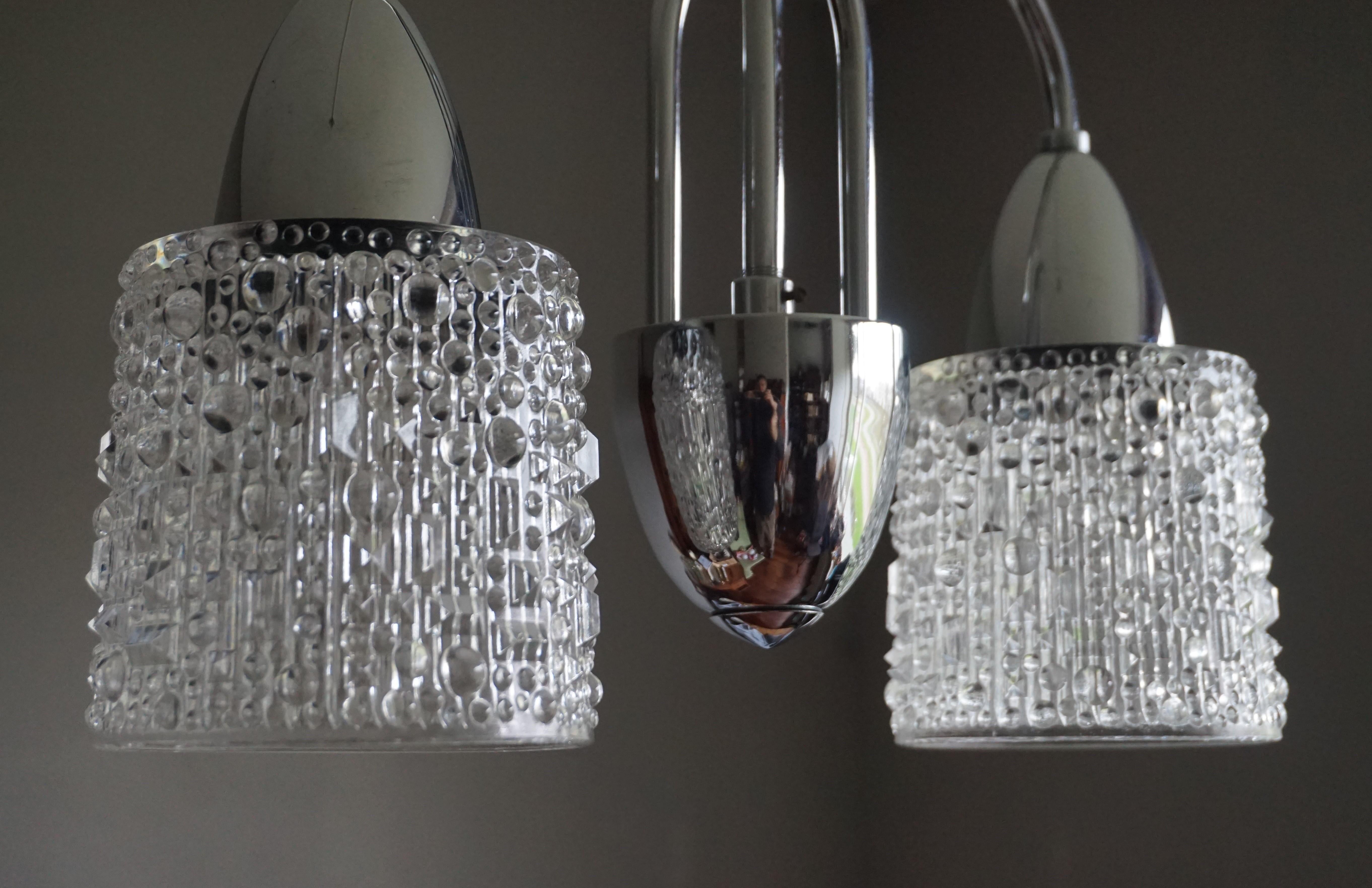 Hand-Crafted Stunning Mid-Century Modern Chrome and Bohemian Glass Pendant Chandelier, 1960s For Sale