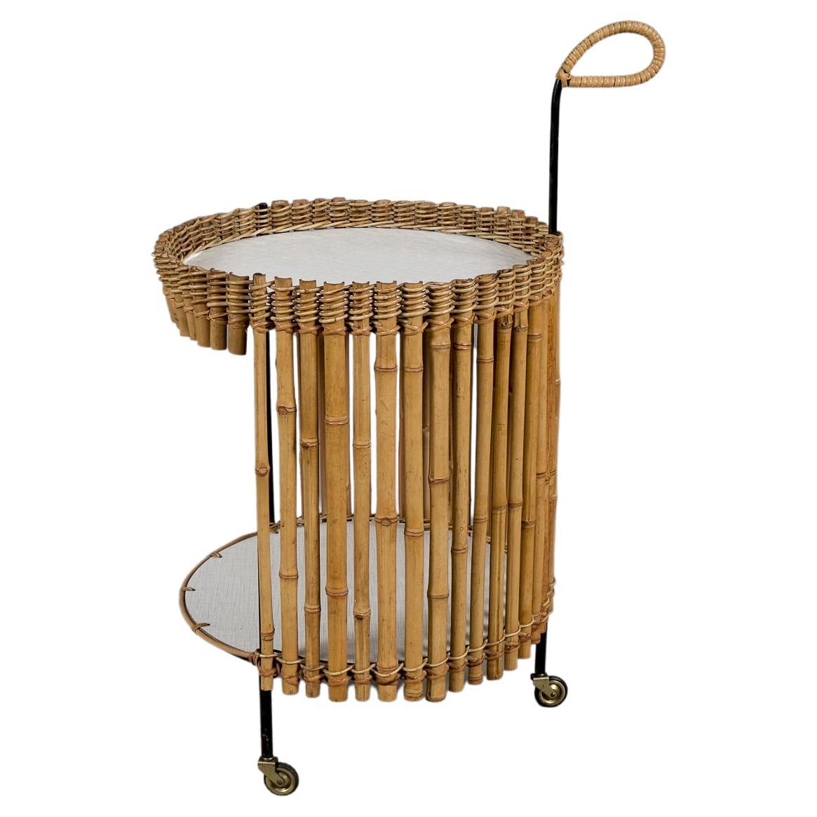 Stunning MidCentury Modern Round Serving Cart in Bamboo and Metal, 1950s For Sale at 1stDibs