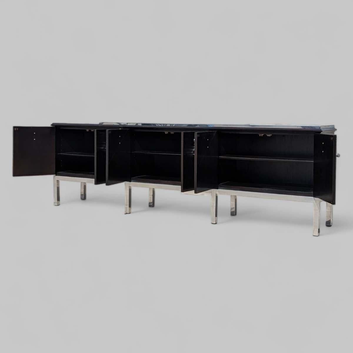 Stained Mid Century Modern Sideboard with Ornate Hardware, Style of Tommi Parzinger For Sale