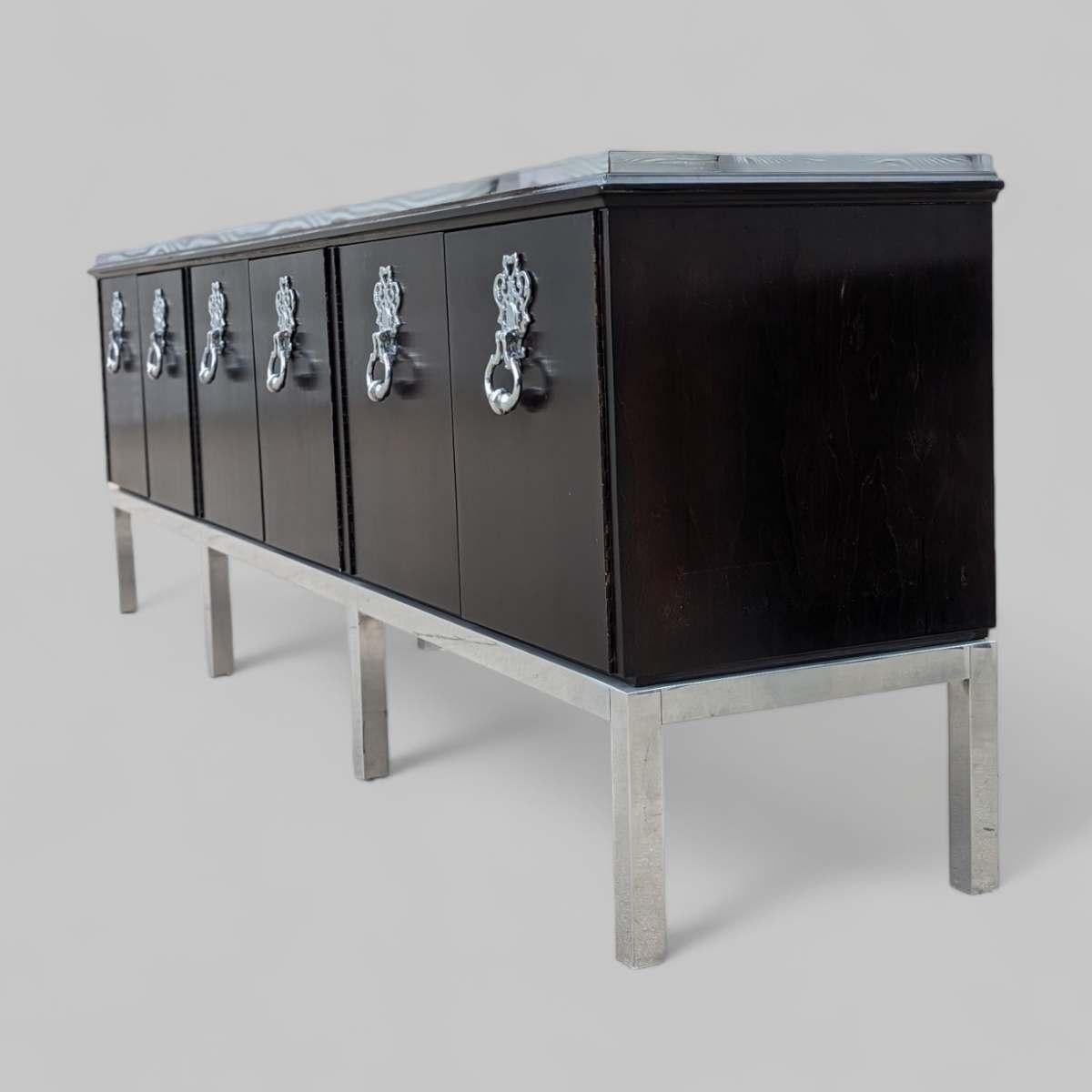 Chrome Mid Century Modern Sideboard with Ornate Hardware, Style of Tommi Parzinger For Sale