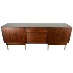 Stunning Mid-Century Modern Walnut and Brass Credenza American of Martinsville