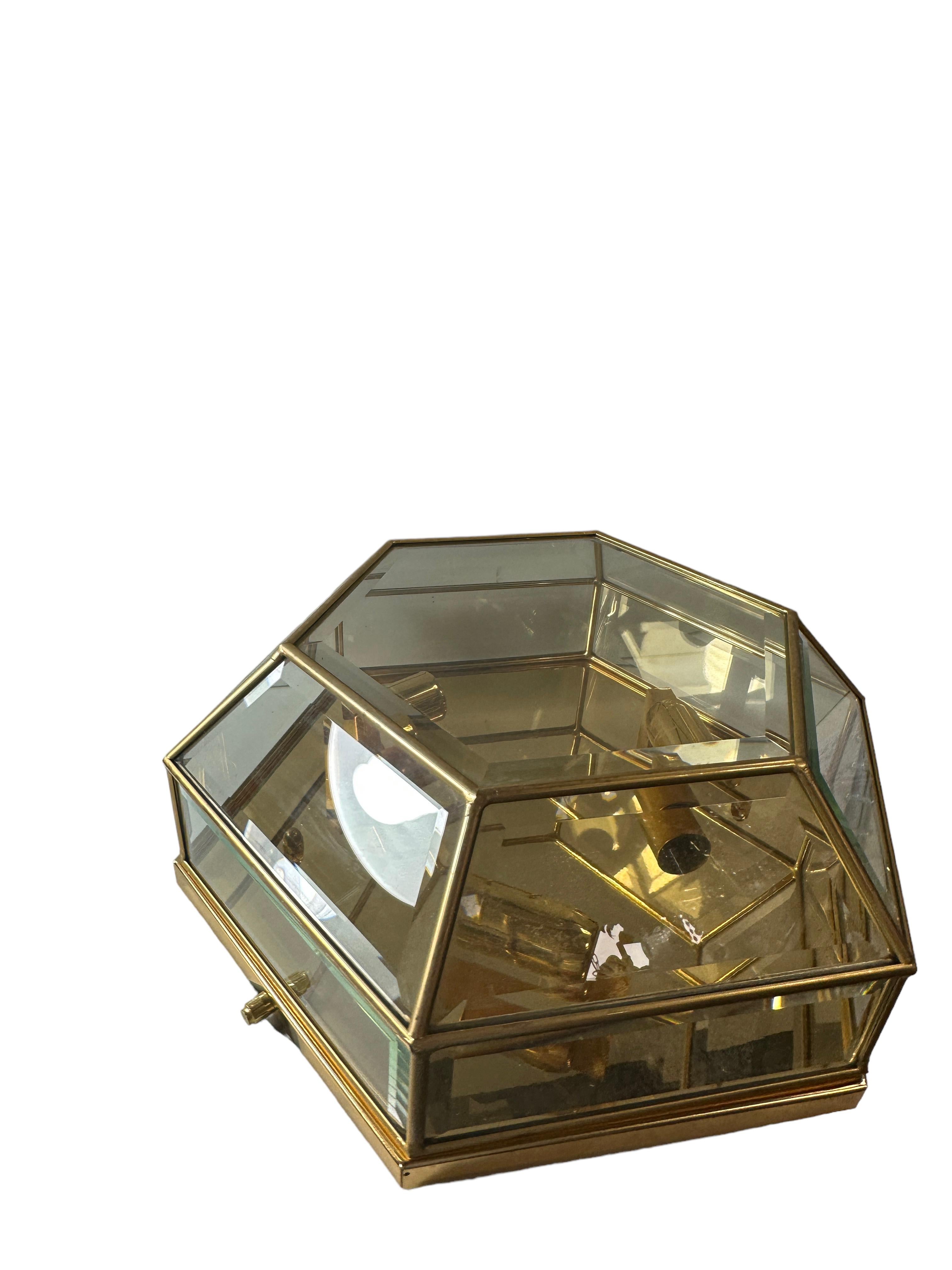 German Stunning Mid-Century Modernist Octagonal Flush Mount Brass and Faceted Glass For Sale