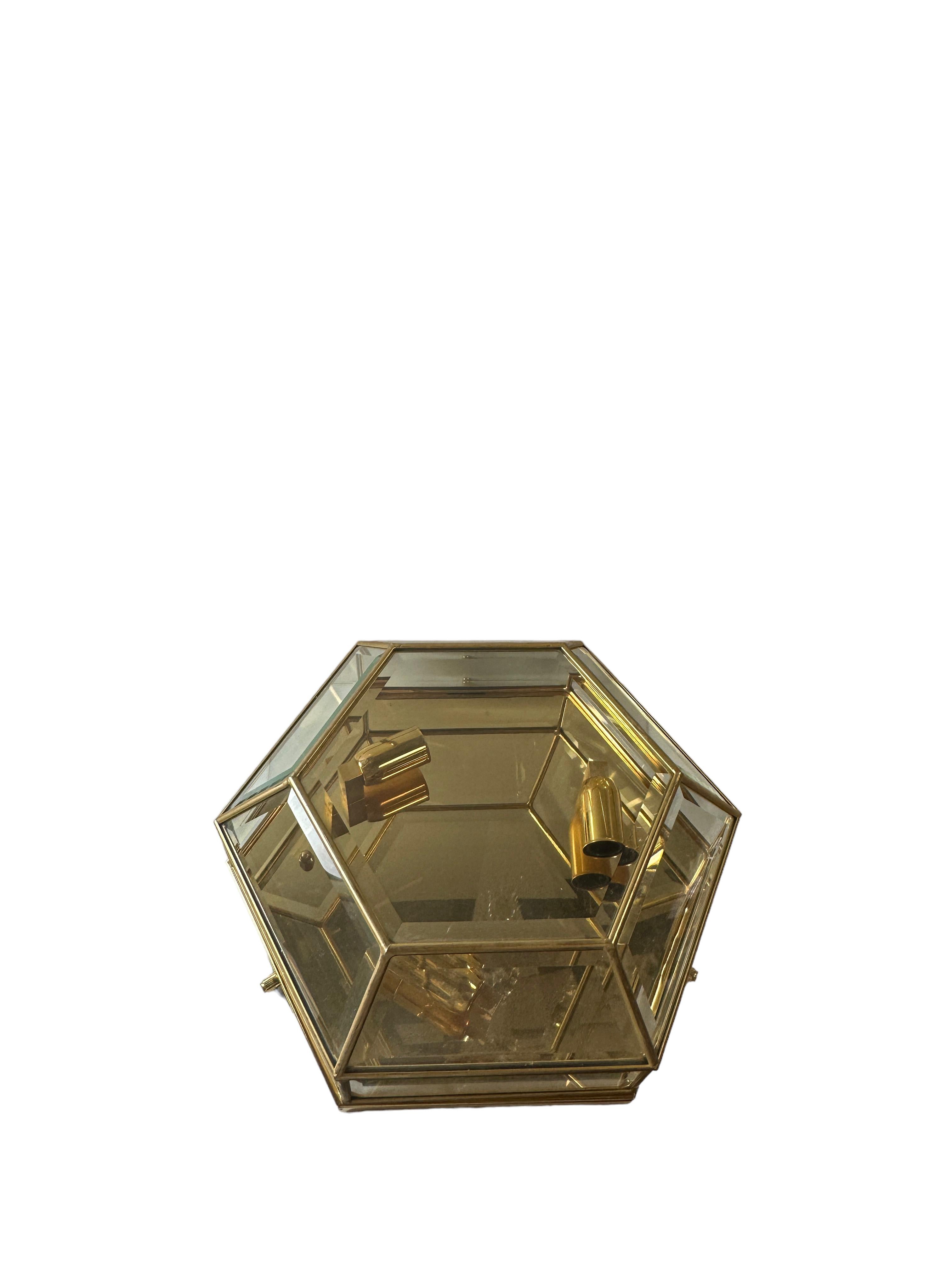 Mid-20th Century Stunning Mid-Century Modernist Octagonal Flush Mount Brass and Faceted Glass For Sale