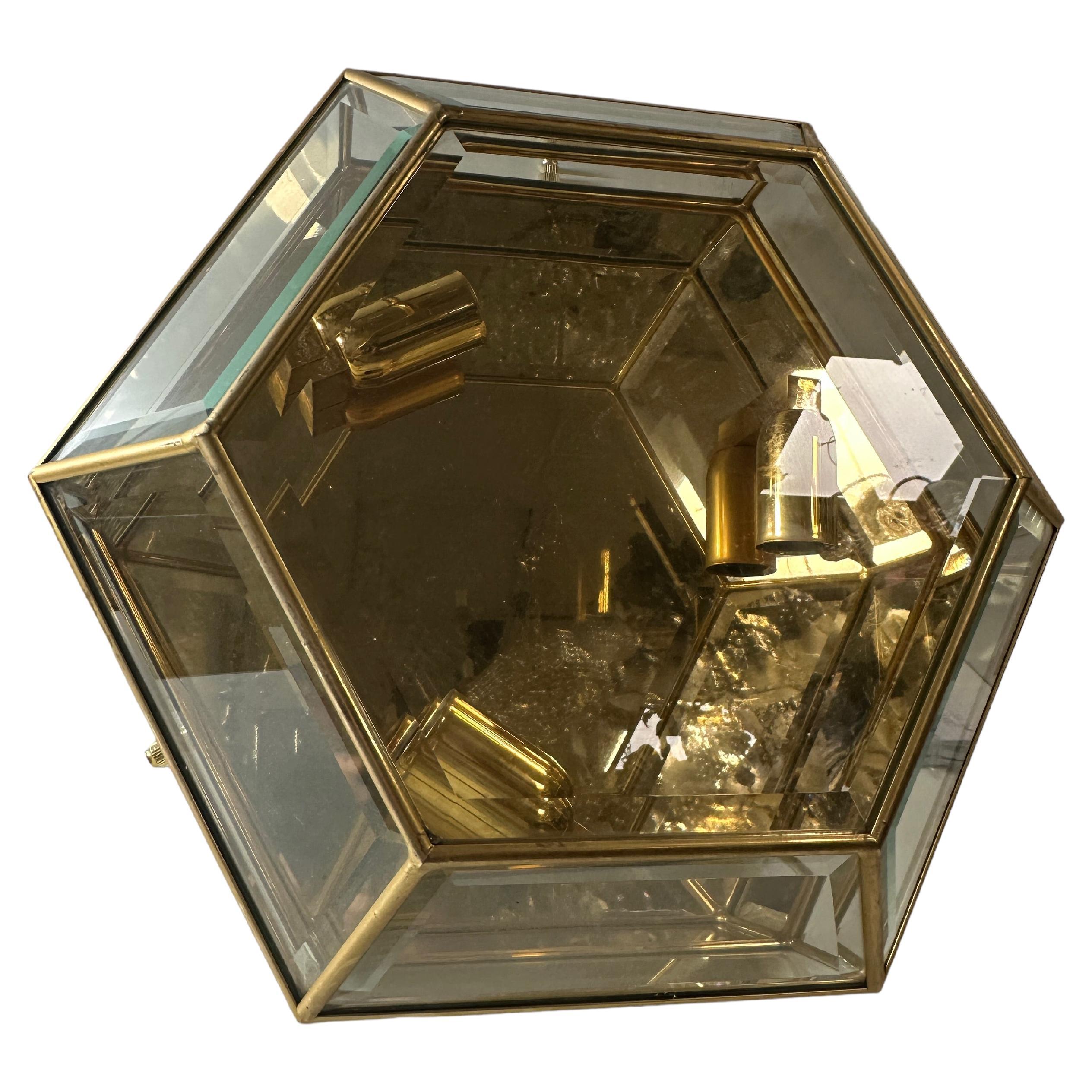 Stunning Mid-Century Modernist Octagonal Flush Mount Brass and Faceted Glass For Sale