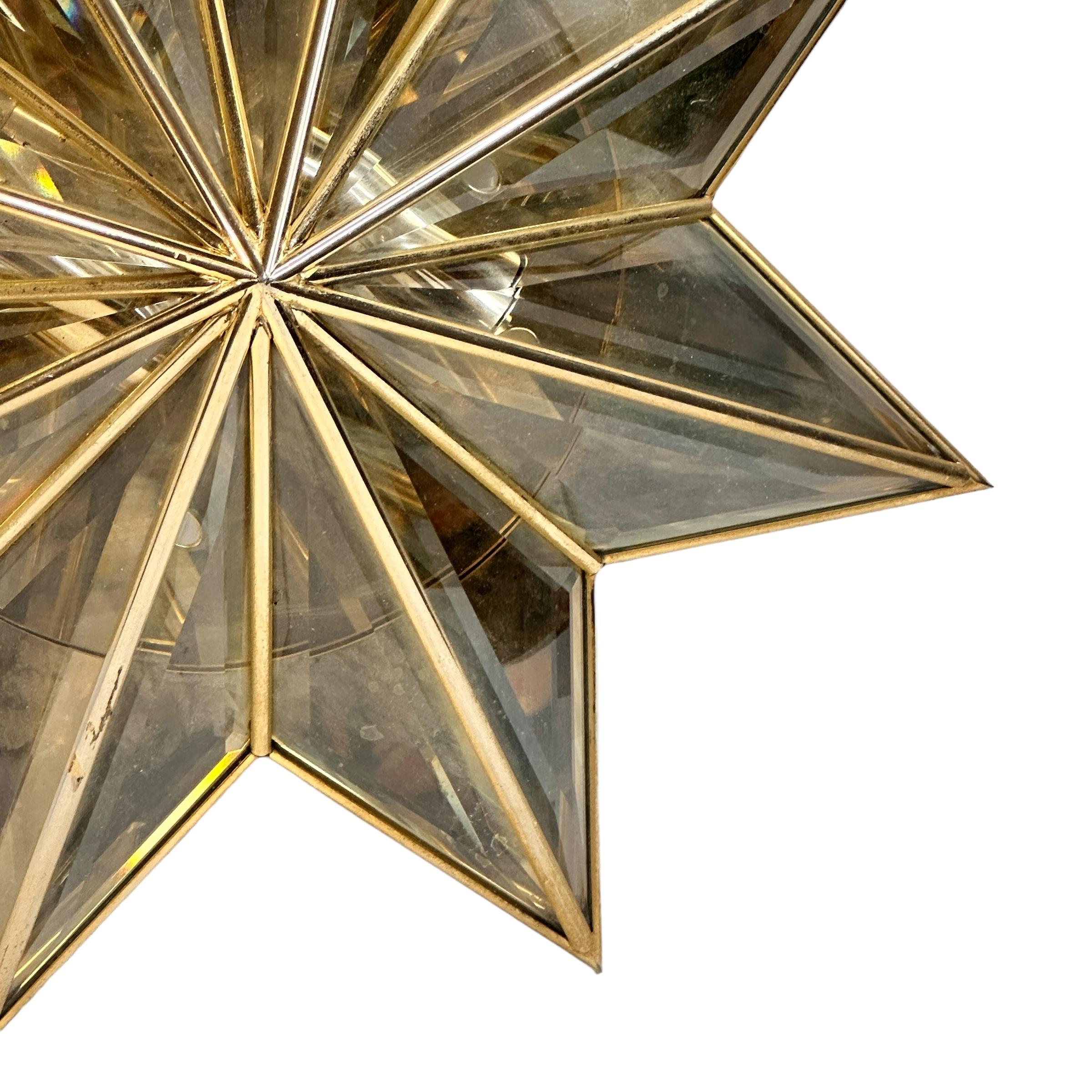 Stunning Mid-Century Modernist Star Flush Mount Brass and Faceted Glass 1960s For Sale 6