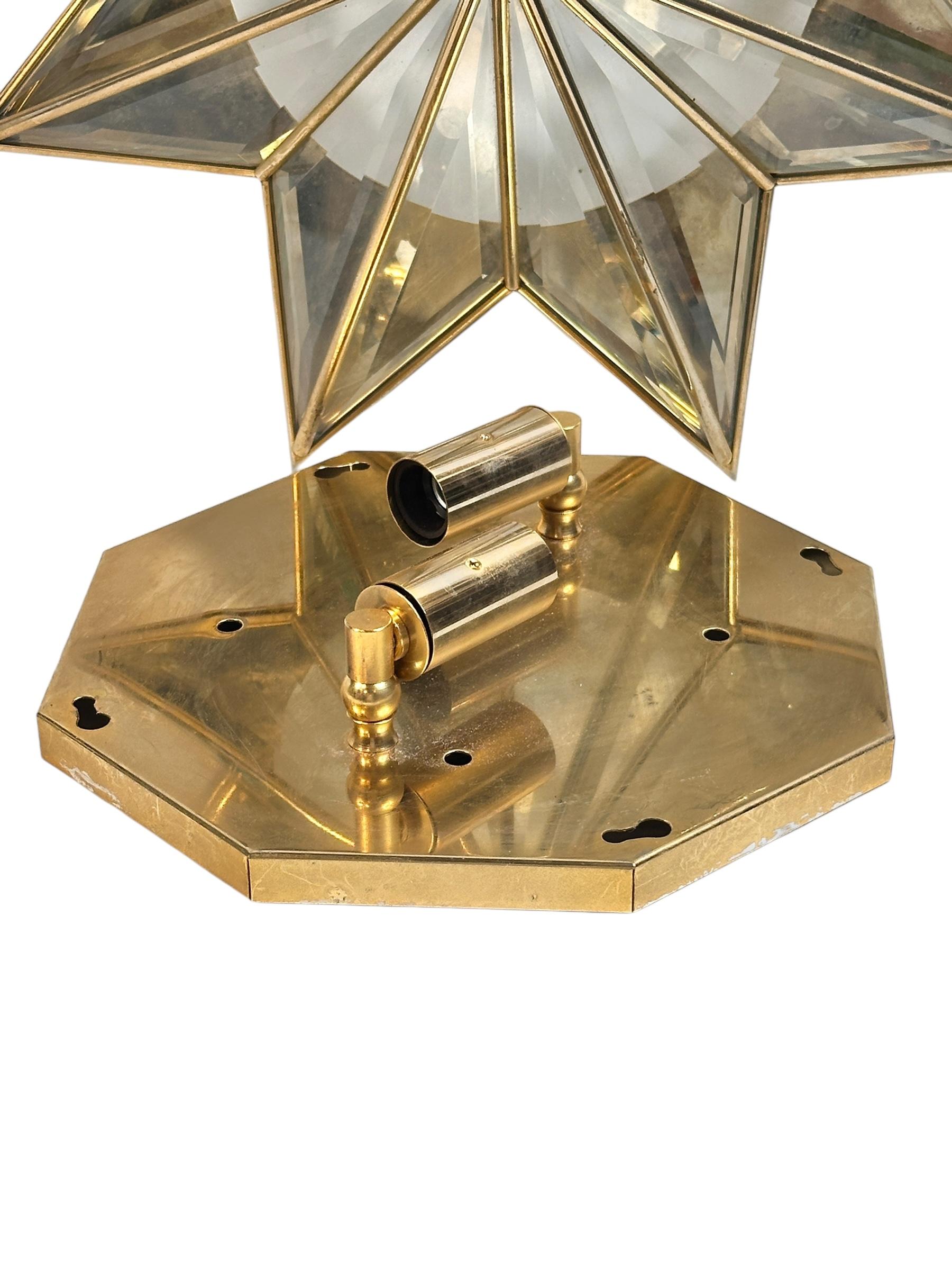German Stunning Mid-Century Modernist Star Flush Mount Brass and Faceted Glass 1960s For Sale