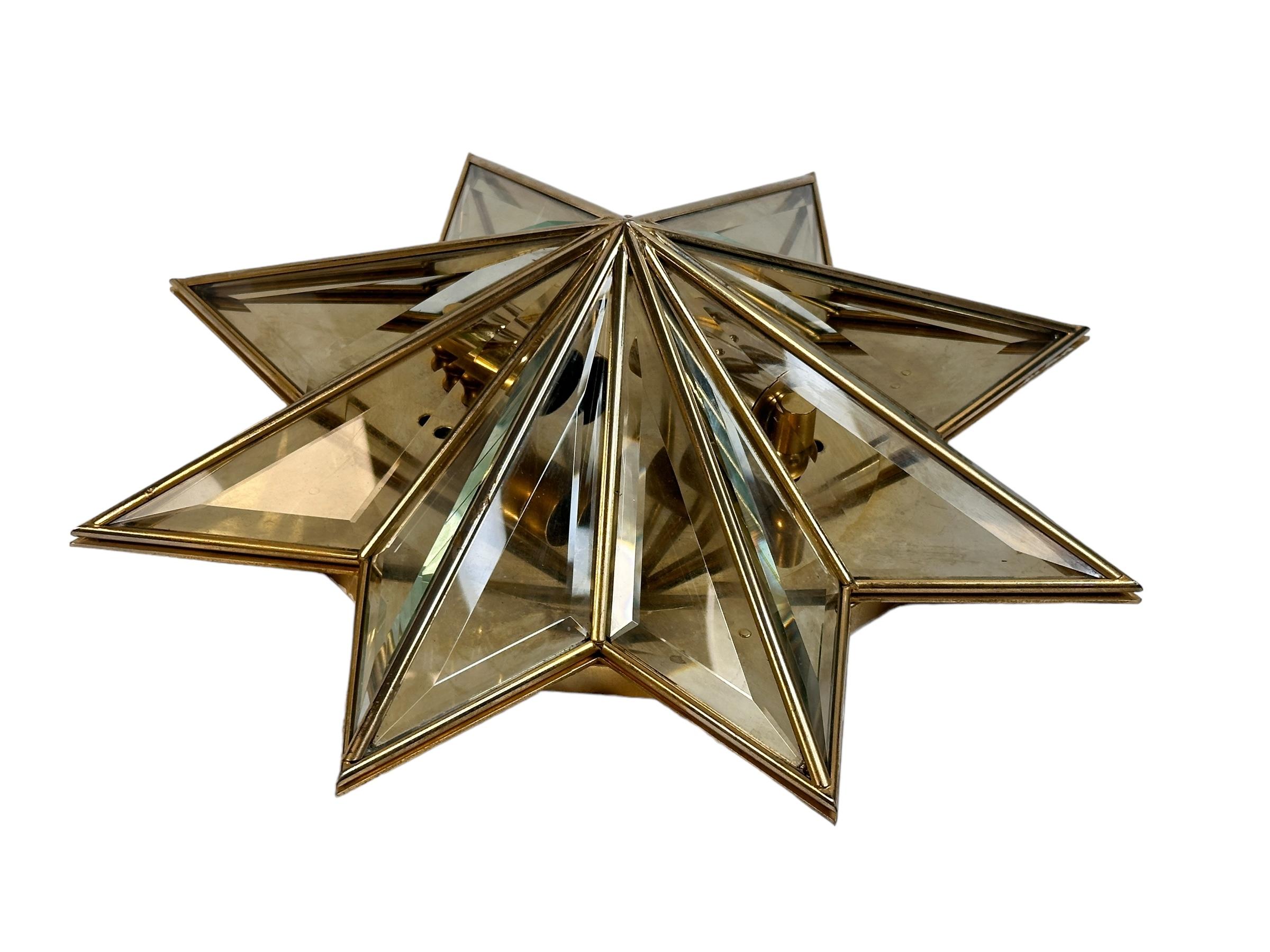 Mid-20th Century Stunning Mid-Century Modernist Star Flush Mount Brass and Faceted Glass 1960s For Sale