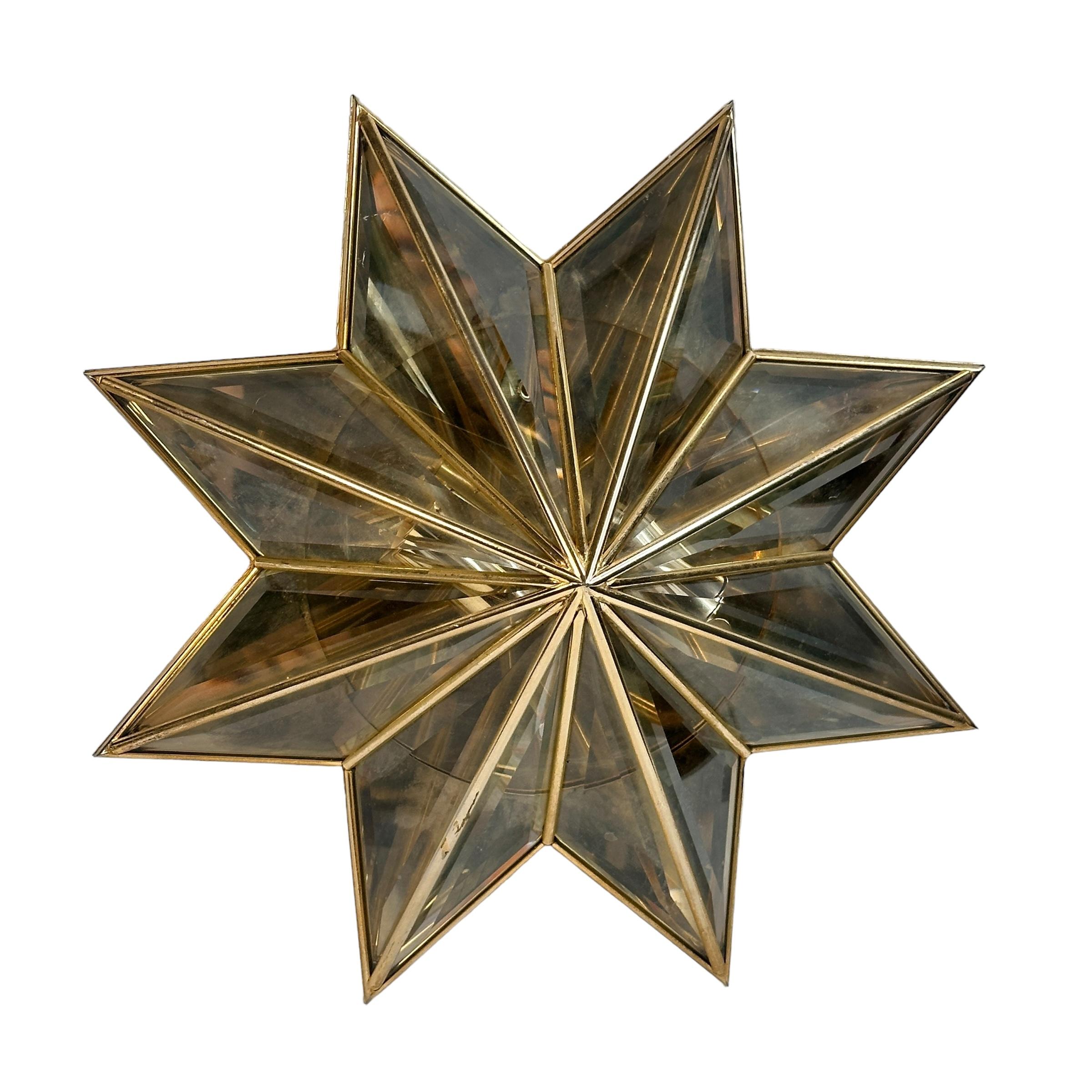 Stunning Mid-Century Modernist Star Flush Mount Brass and Faceted Glass 1960s For Sale 1