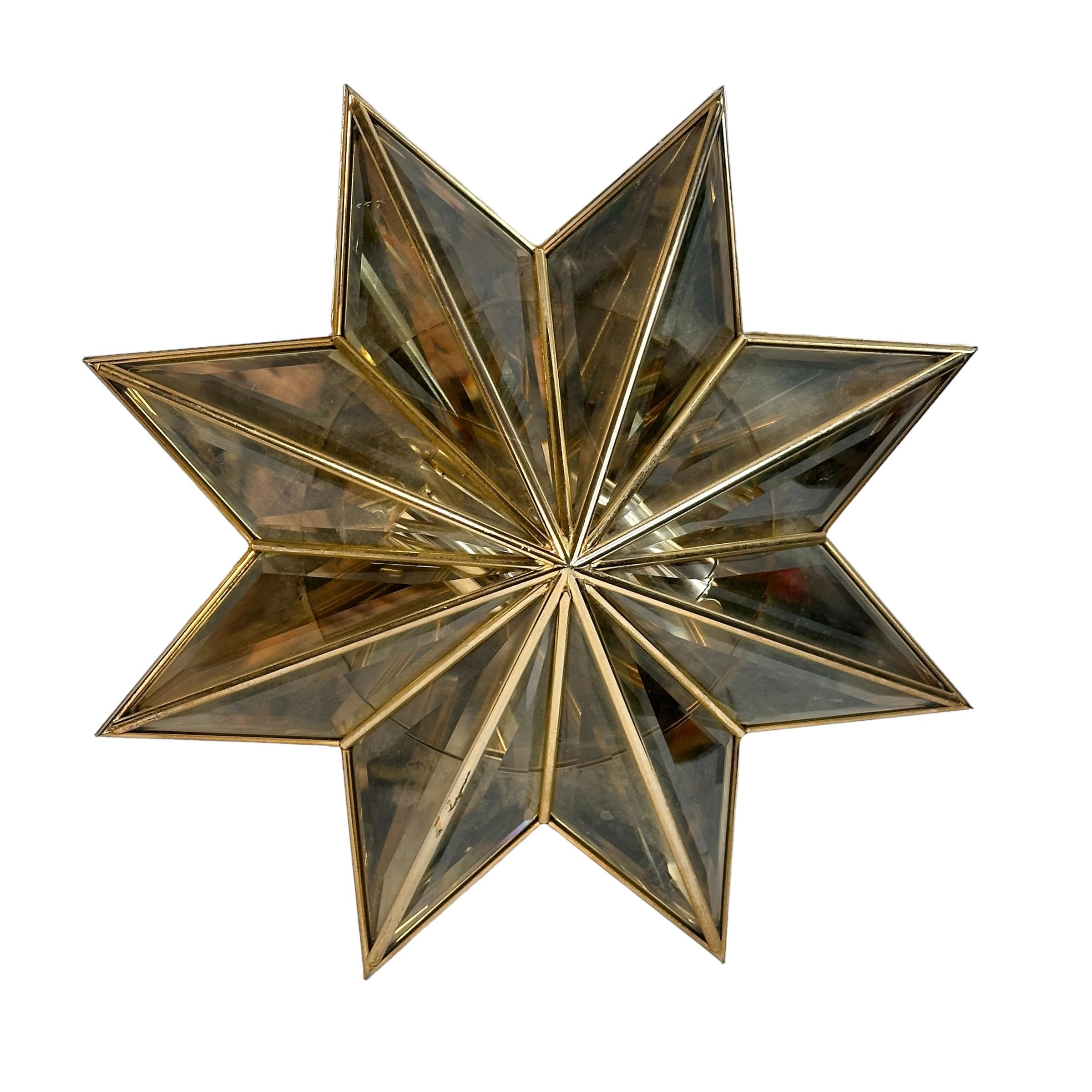 Stunning Mid-Century Modernist Star Flush Mount Brass and Faceted Glass 1960s For Sale 2