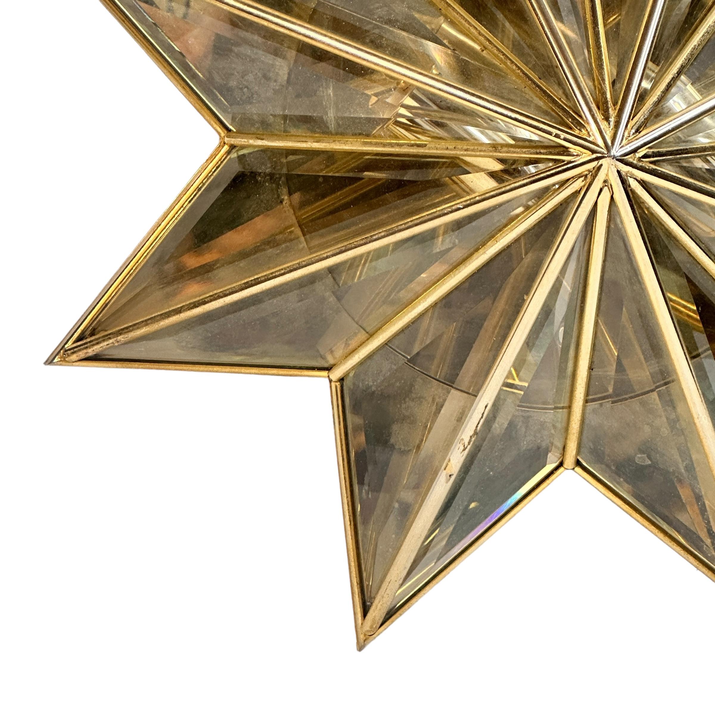 Stunning Mid-Century Modernist Star Flush Mount Brass and Faceted Glass 1960s For Sale 3