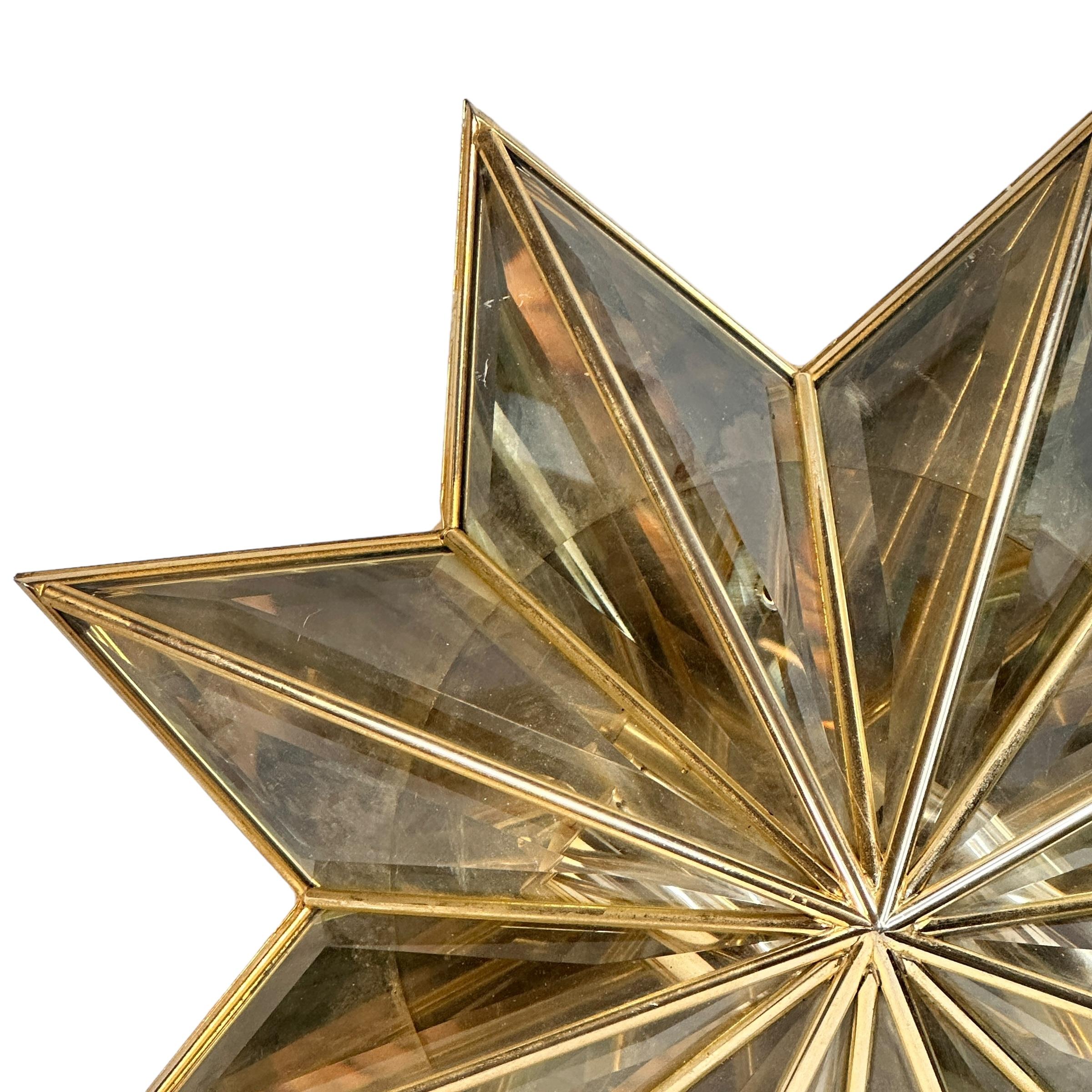 Stunning Mid-Century Modernist Star Flush Mount Brass and Faceted Glass 1960s For Sale 4