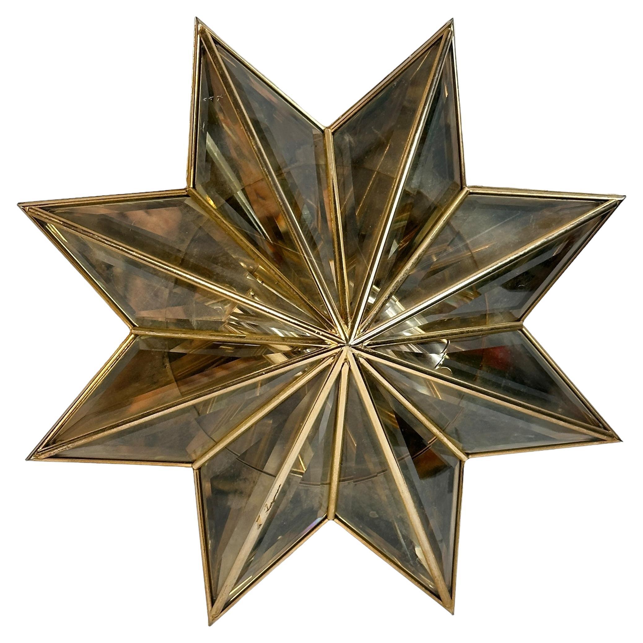 Stunning Mid-Century Modernist Star Flush Mount Brass and Faceted Glass 1960s For Sale
