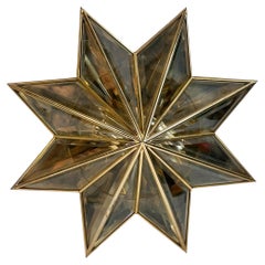 Stunning Mid-Century Modernist Star Flush Mount Brass and Faceted Glass 1960s