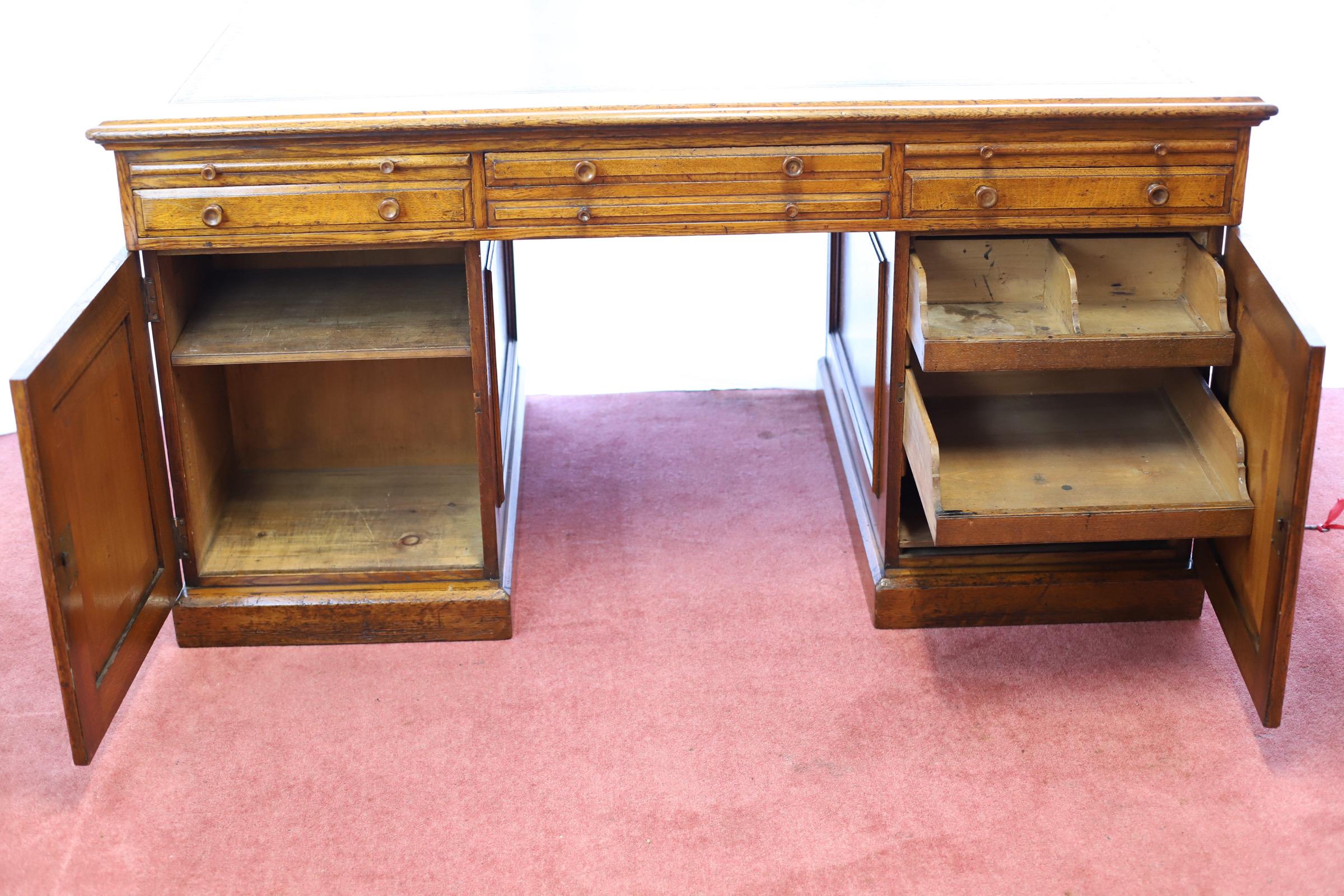 British Stunning Mid-Victorian Oak Twin Pedestal Partners Desk For Sale