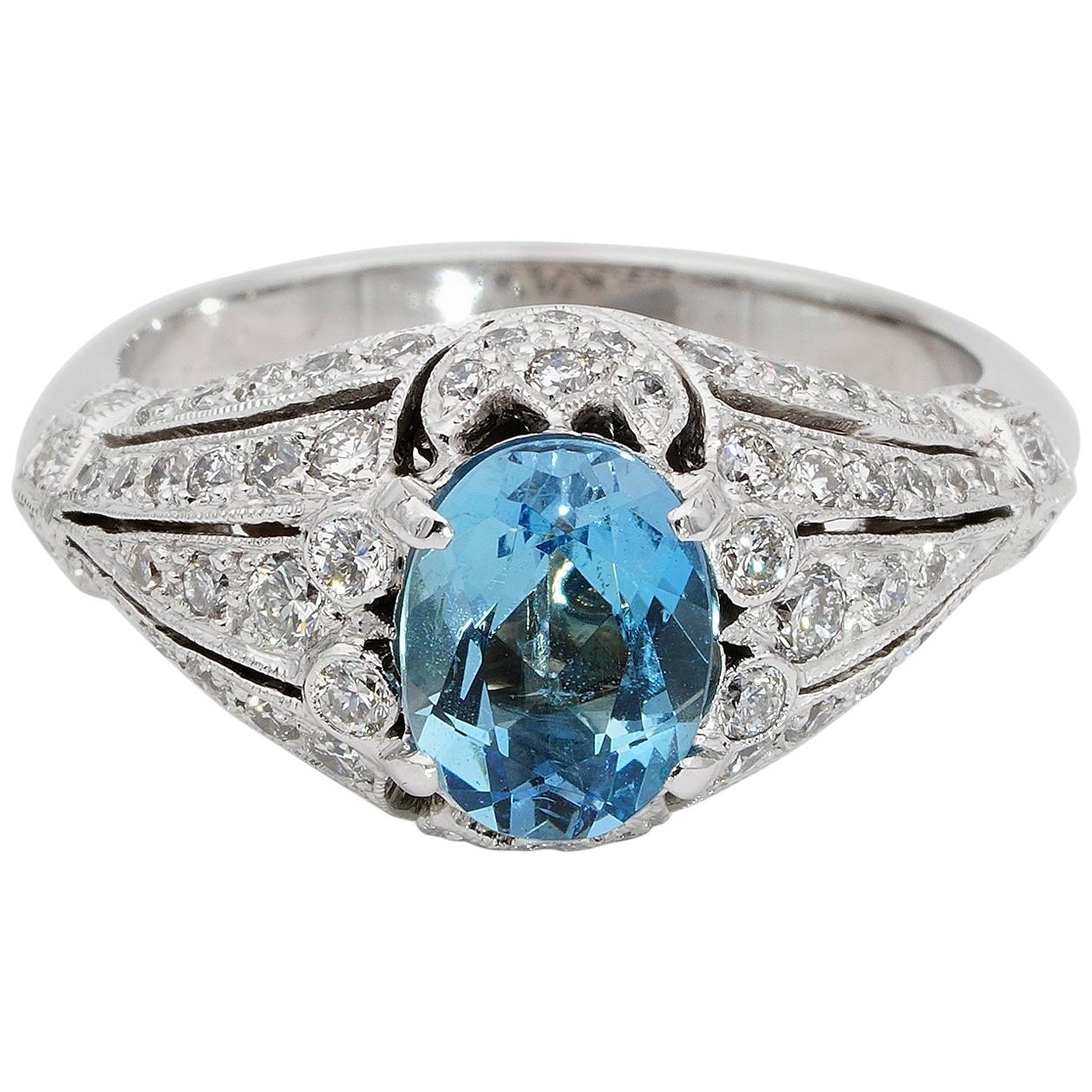Stunning Midcentury Aquamarine and Diamond 18 Karat Rare Ring For Sale