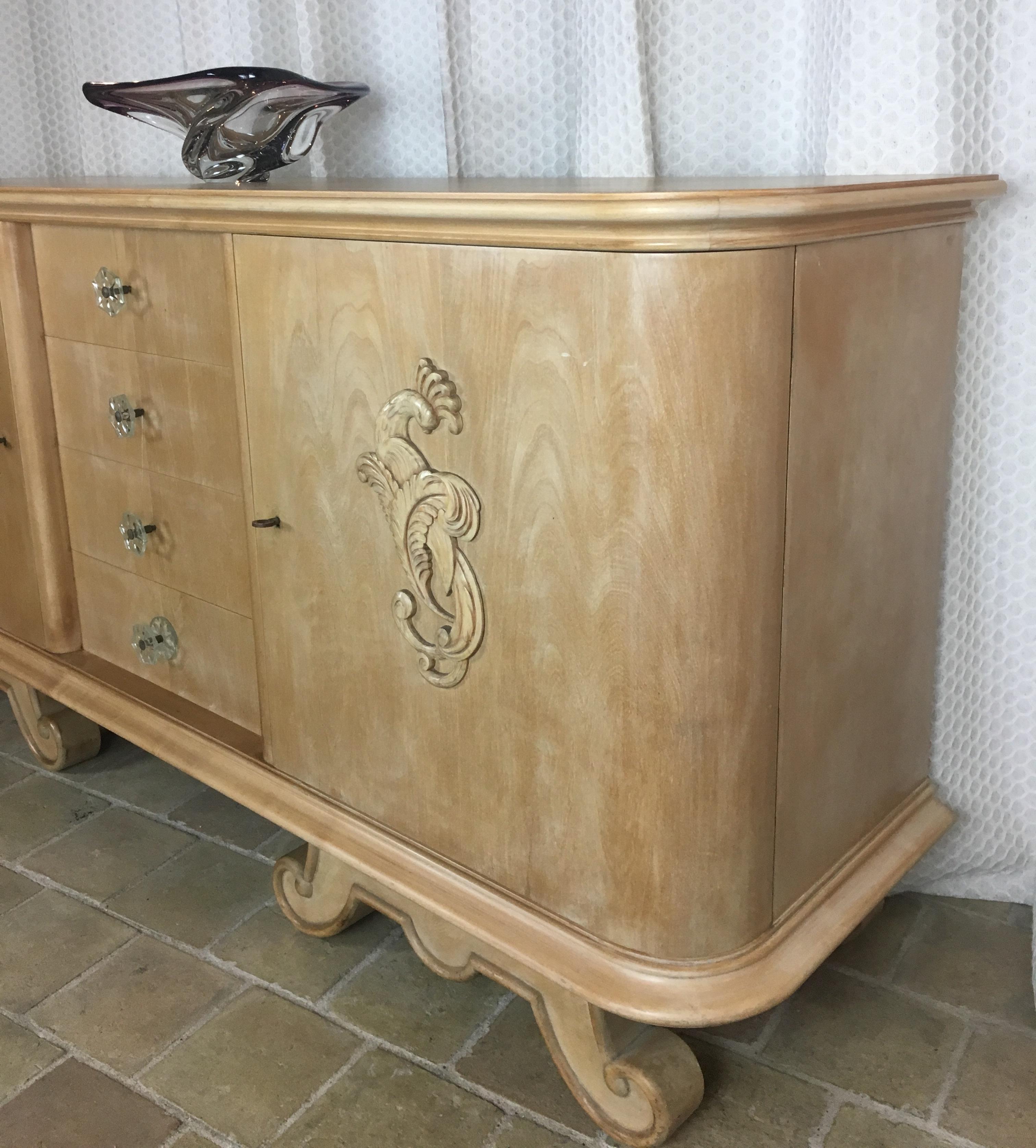 Mid-Century Modern Andre Arbus or Rene Prou Style French Mid-Century Blonde Sycamore Sideboard 