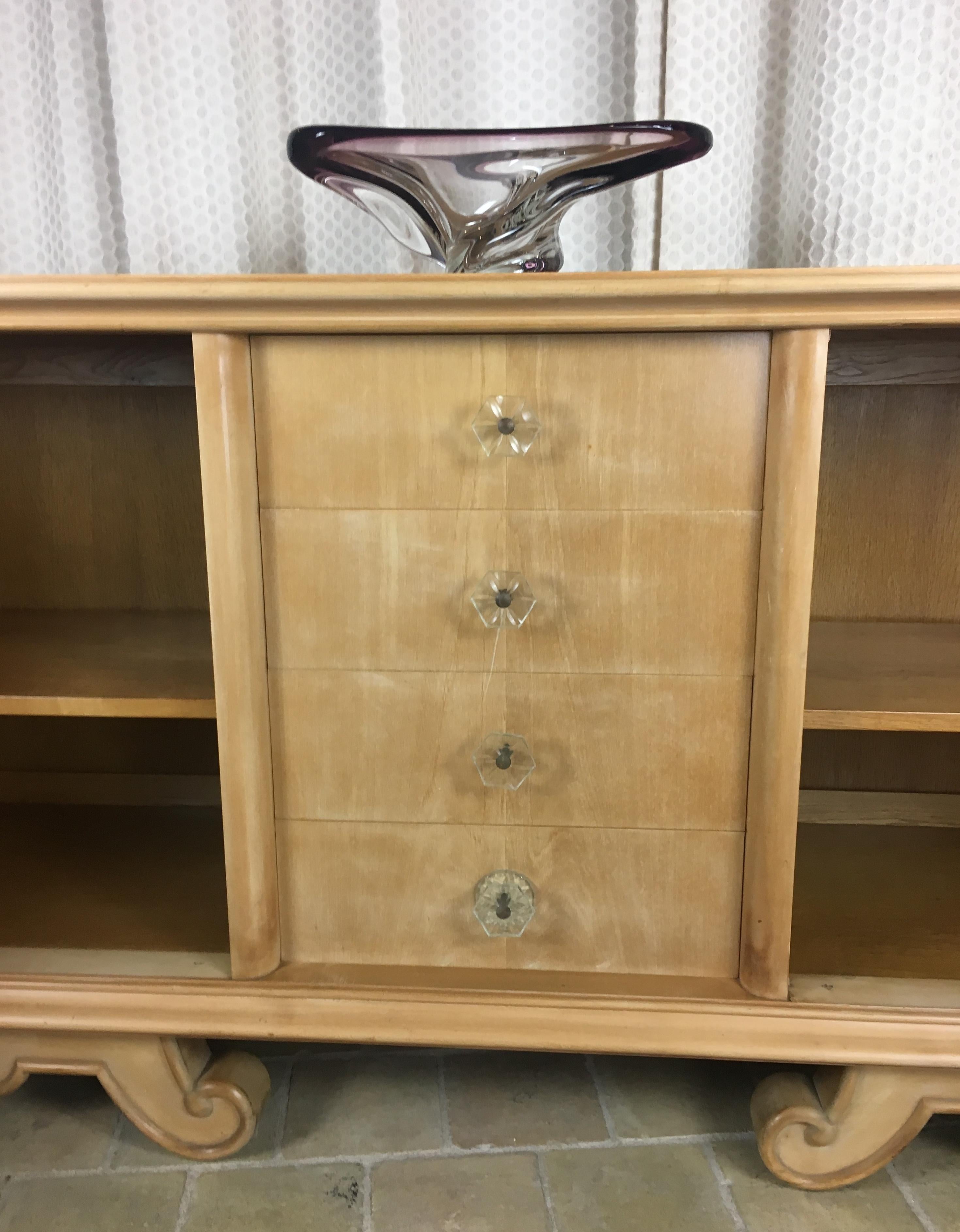 Andre Arbus or Rene Prou Style French Mid-Century Blonde Sycamore Sideboard  In Good Condition In Miami, FL